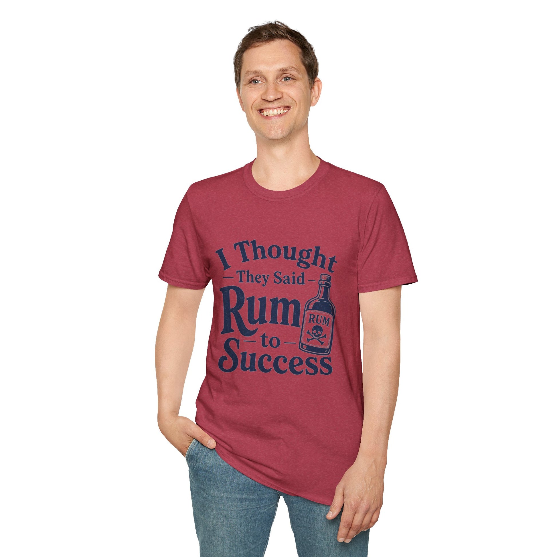 I Thought They Said Rum to Success Shirt, Heather Cardinal red, worn by a standing model with one hand in their pocket