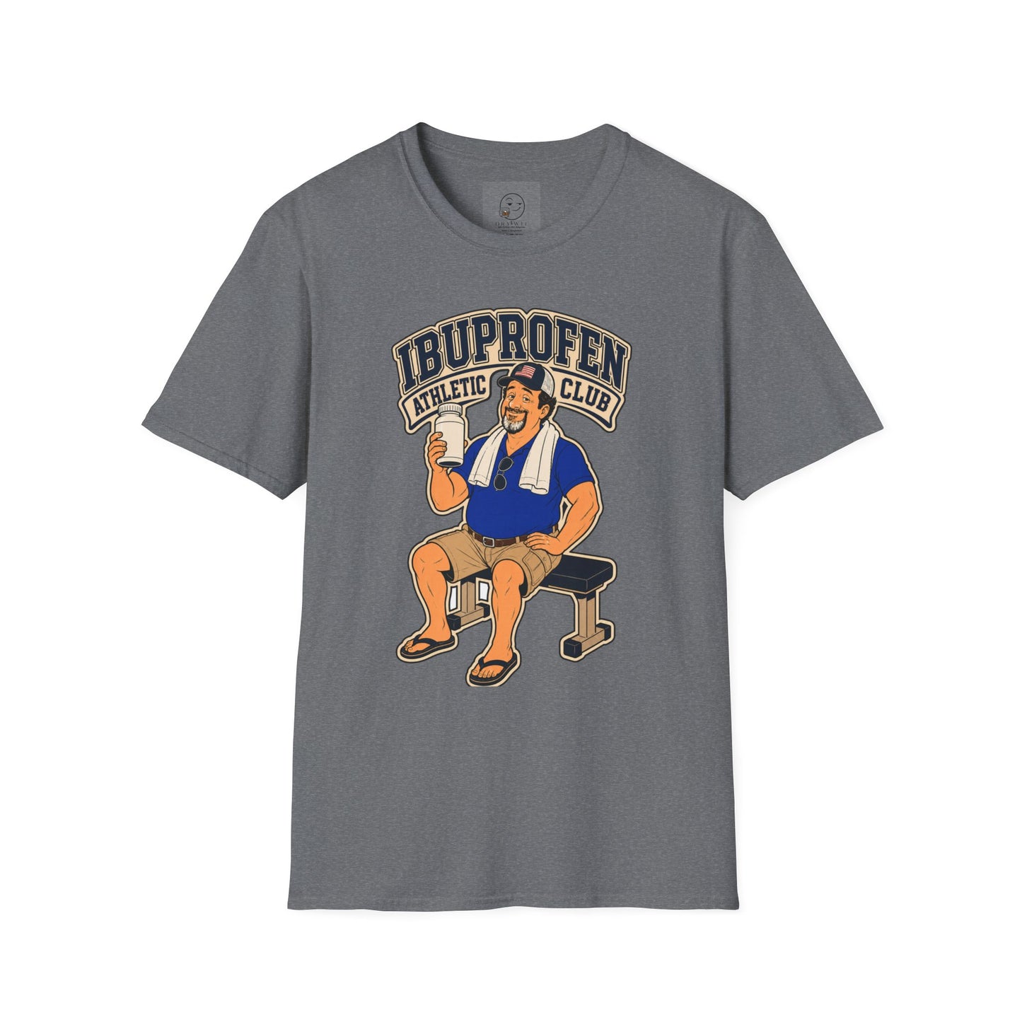 Retro collegiate-style t-shirt graphic of the Dry Wit dad mascot in workout gear, text reading Ibuprofen Athletic Club