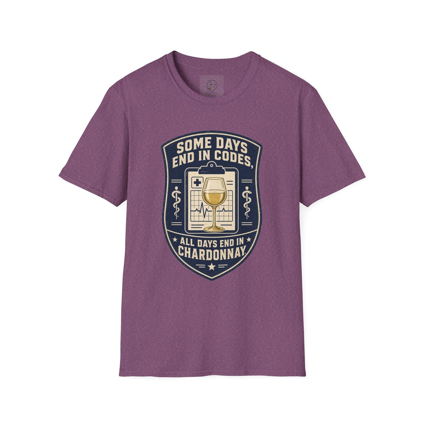 Shield-shaped vintage badge t-shirt graphic of a clipboard with a wine glass resting on top, text reading Some Days End In Codes, All Days End In Chardonnay