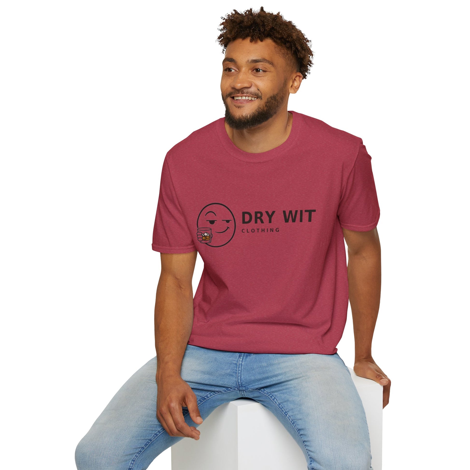 Dry Wit Logo Shirt, Heather Cardinal red, worn by a model seated on a white block
