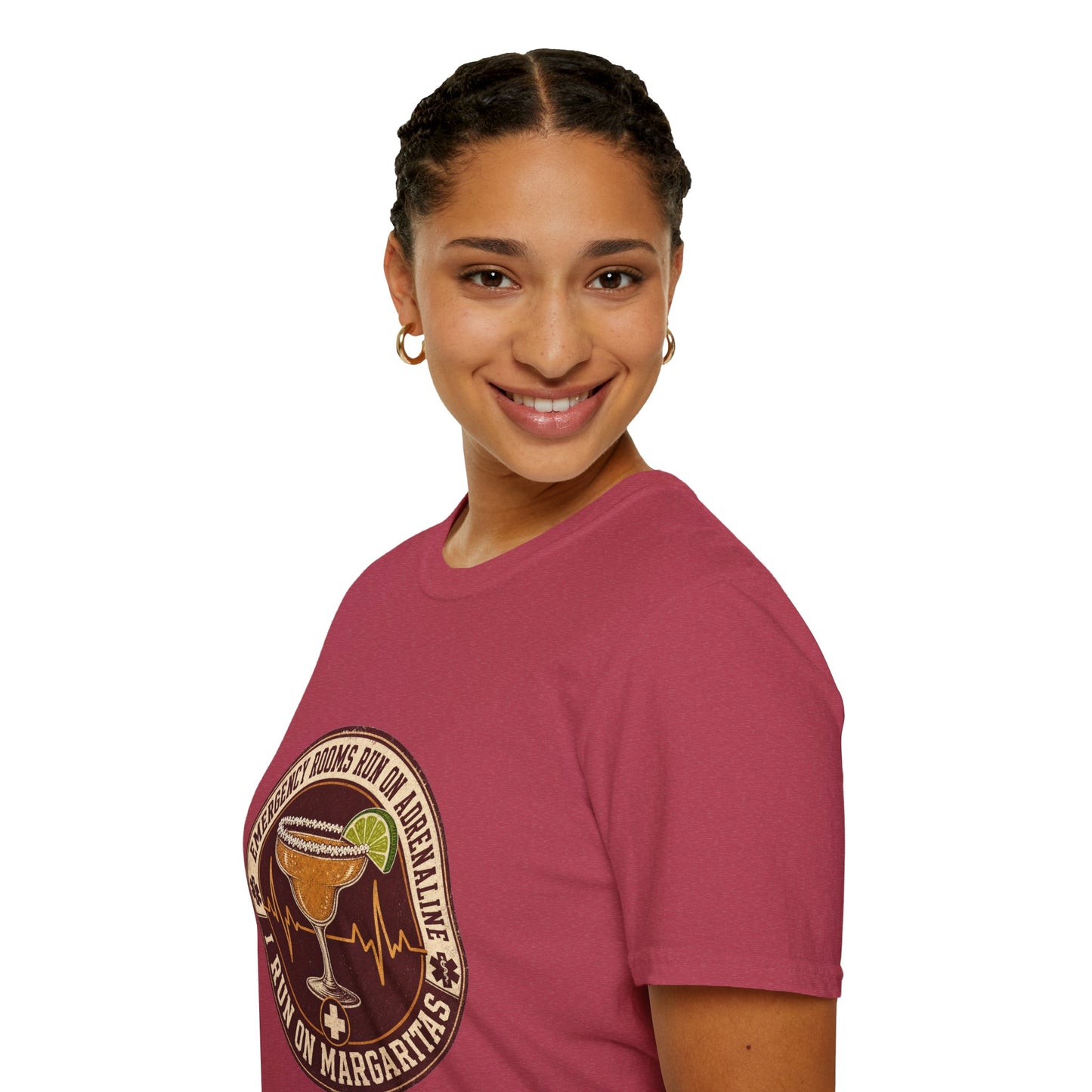 Circular vintage badge t-shirt graphic of a margarita glass with a salted rim and lime wedge beside a heartbeat line, text reading Emergency Rooms Run On Adrenaline, I Run On Margaritas