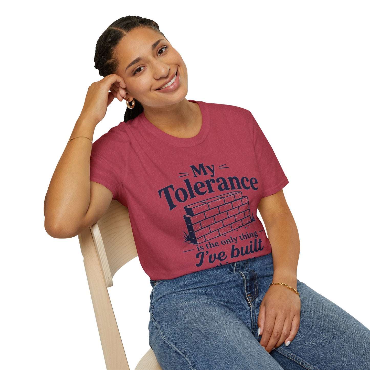My Tolerance Is the Only Thing I've Built, Heather Cardinal red, worn by a model seated on a wooden chair