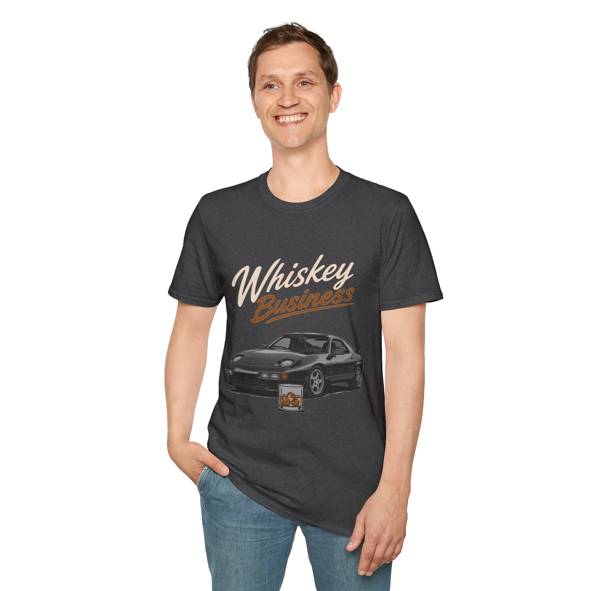 Whiskey Business Shirt, Dark Heather charcoal, worn by a standing model with one hand in their pocket