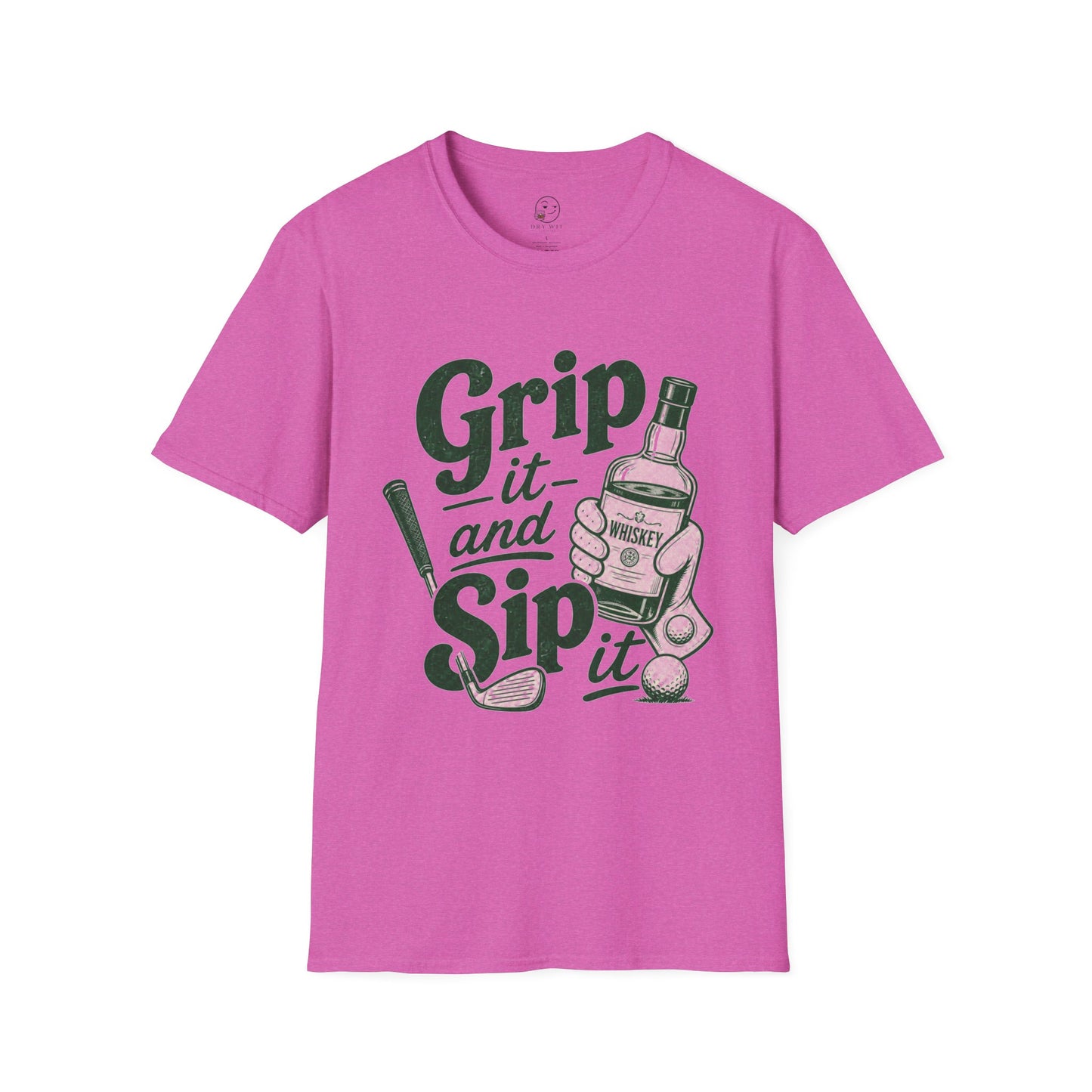 Grip It and Sip It funny golf whiskey shirt, Heather Berry pink, front flat lay