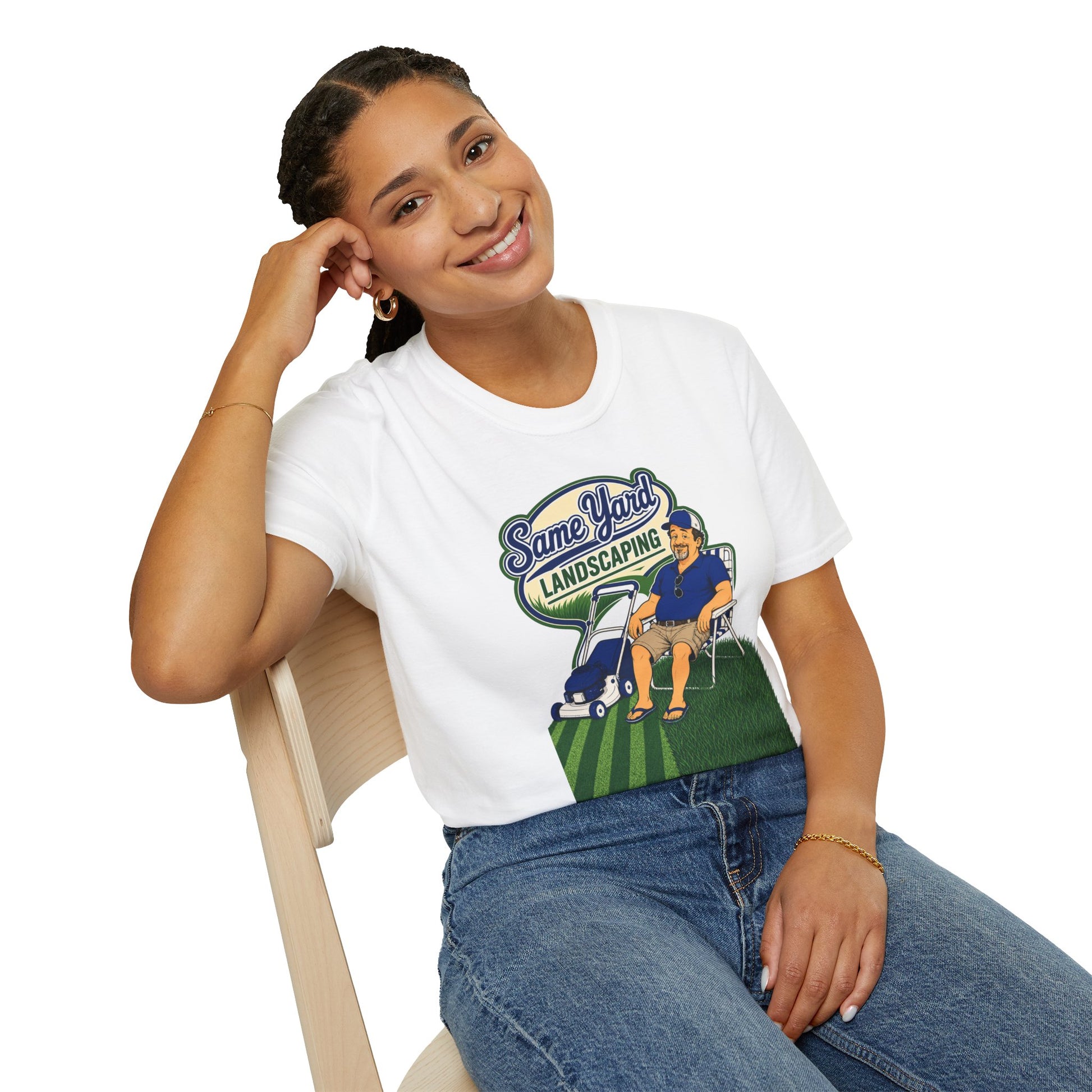 Retro cartoon t-shirt graphic of the Dry Wit dad mascot with a beer beside a lawn mower and grass stripes, text reading Same Yard Landscaping