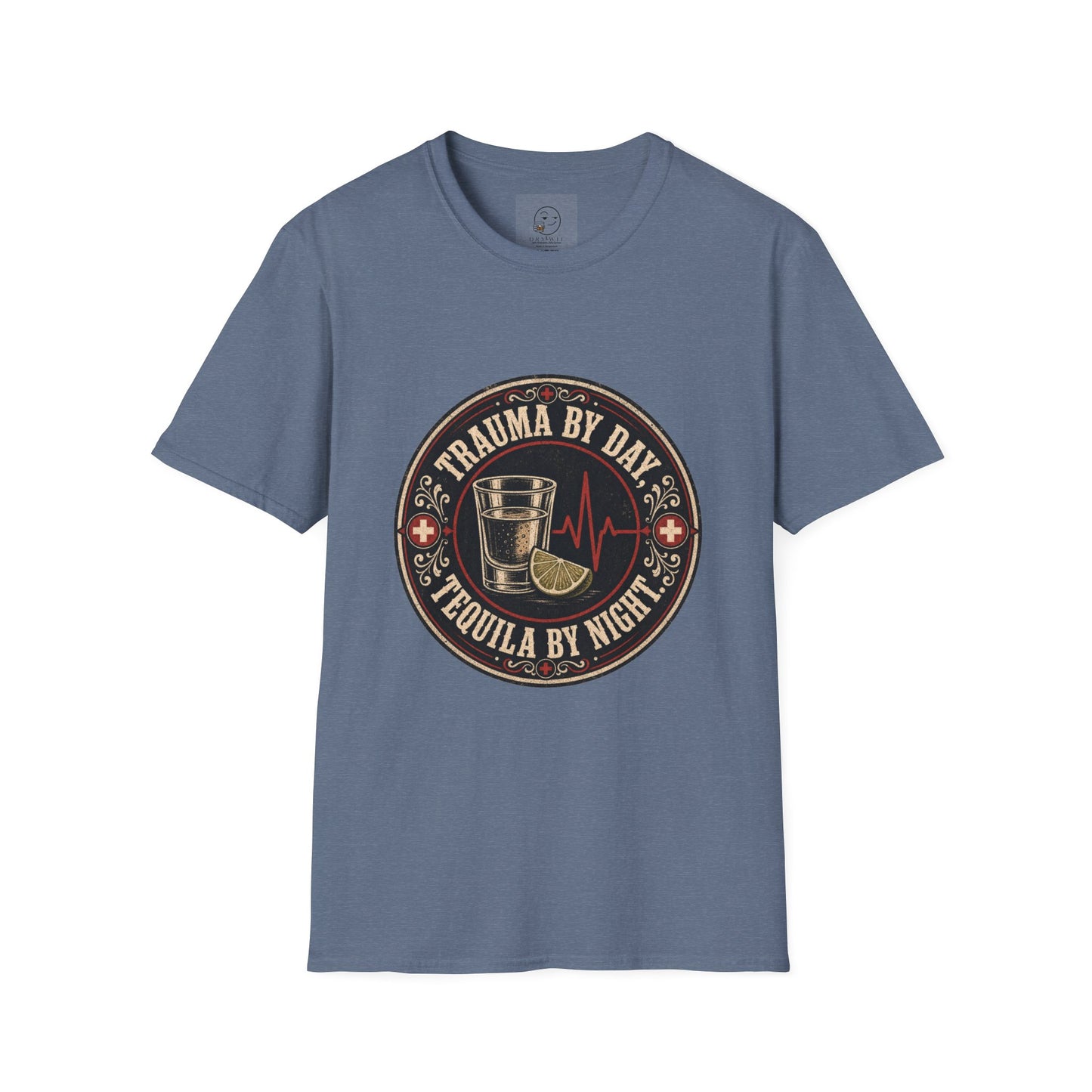 Circular vintage badge t-shirt graphic with a red cross border detail, a shot glass and lime wedge beside a heartbeat line, text reading Trauma By Day, Tequila By Night