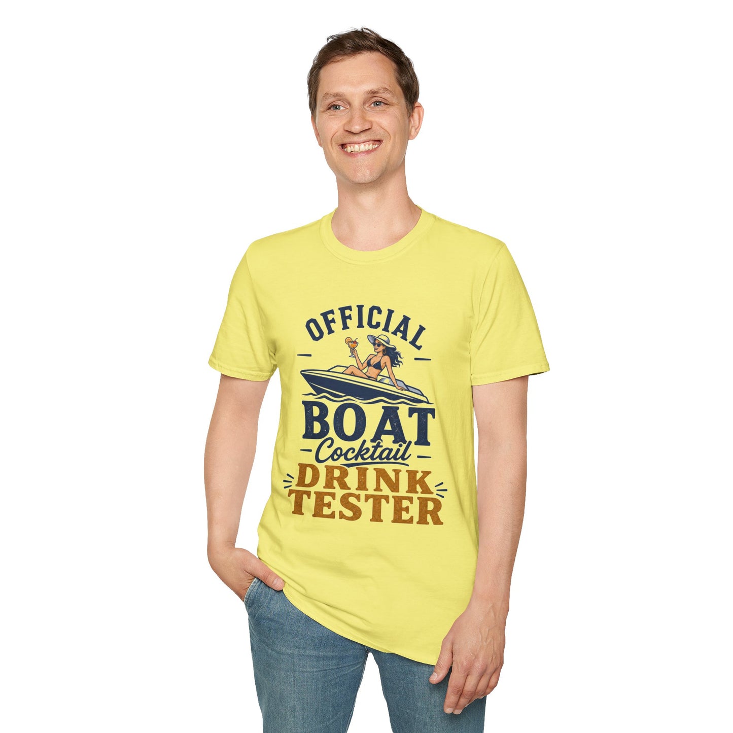 Official Boat Cocktail Drink Tester Shirt, Cornsilk pale yellow, worn by a standing model with one hand in their pocket
