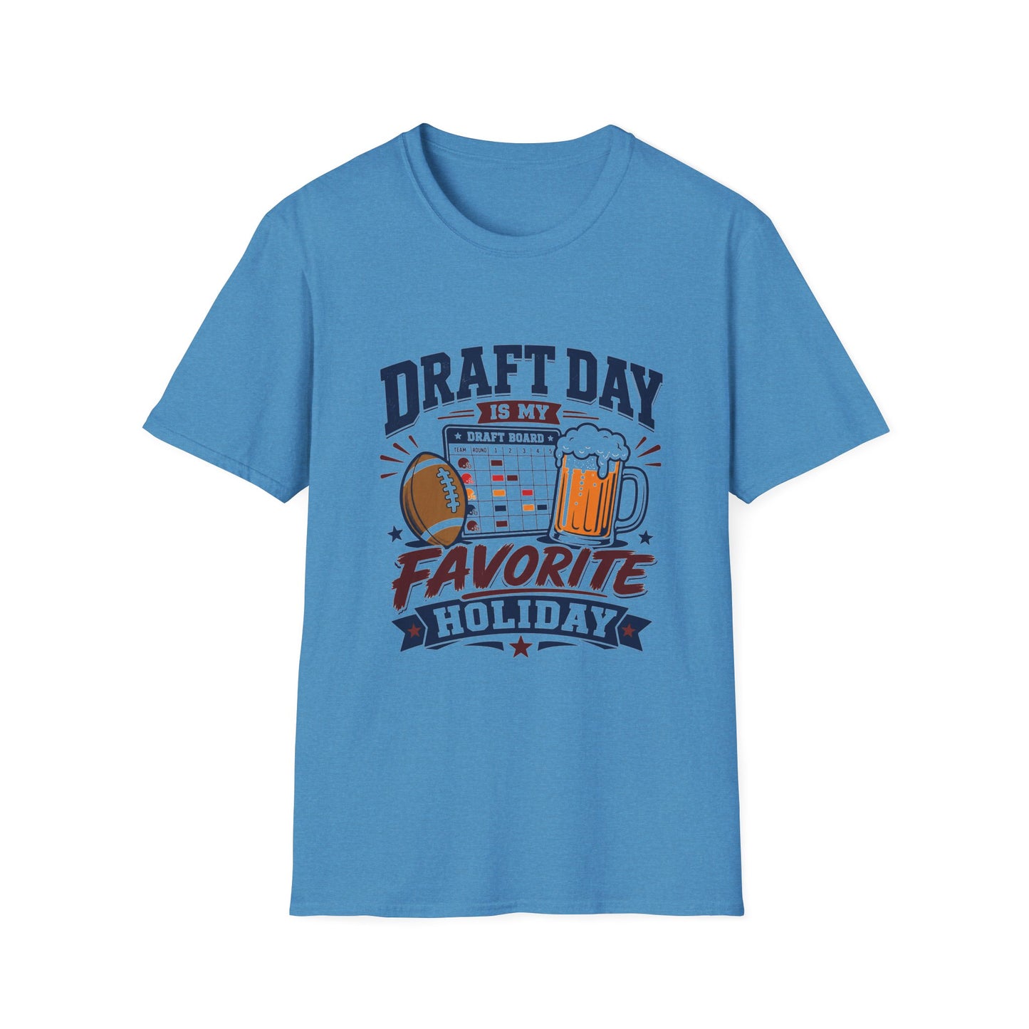 T-shirt design with navy Draft Day text, a fantasy football draft board grid, football, and foaming beer mug graphic, banner reading Favorite Holiday