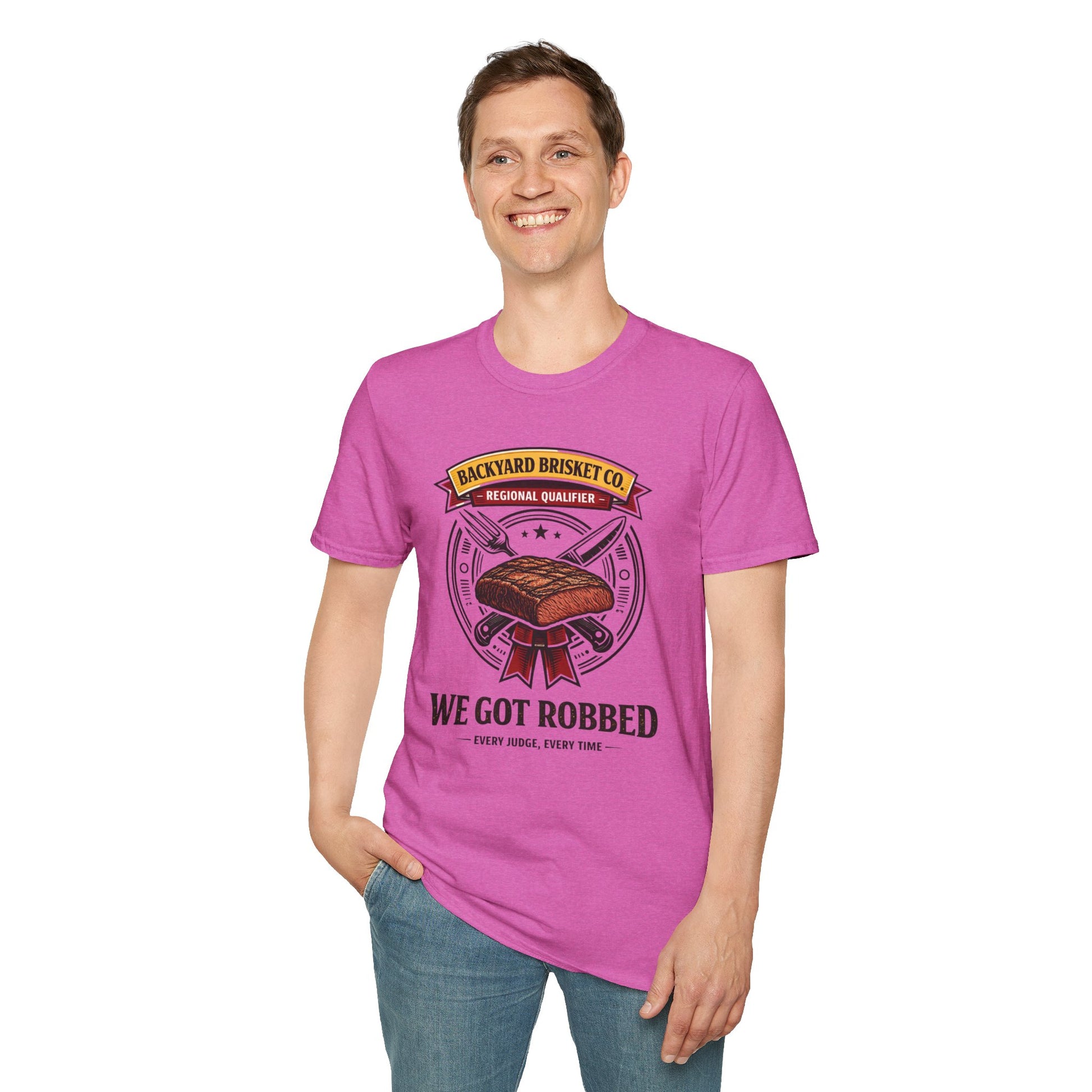 Backyard Brisket Co. Shirt, Heather Berry pink, worn by a standing model with one hand in their pocket