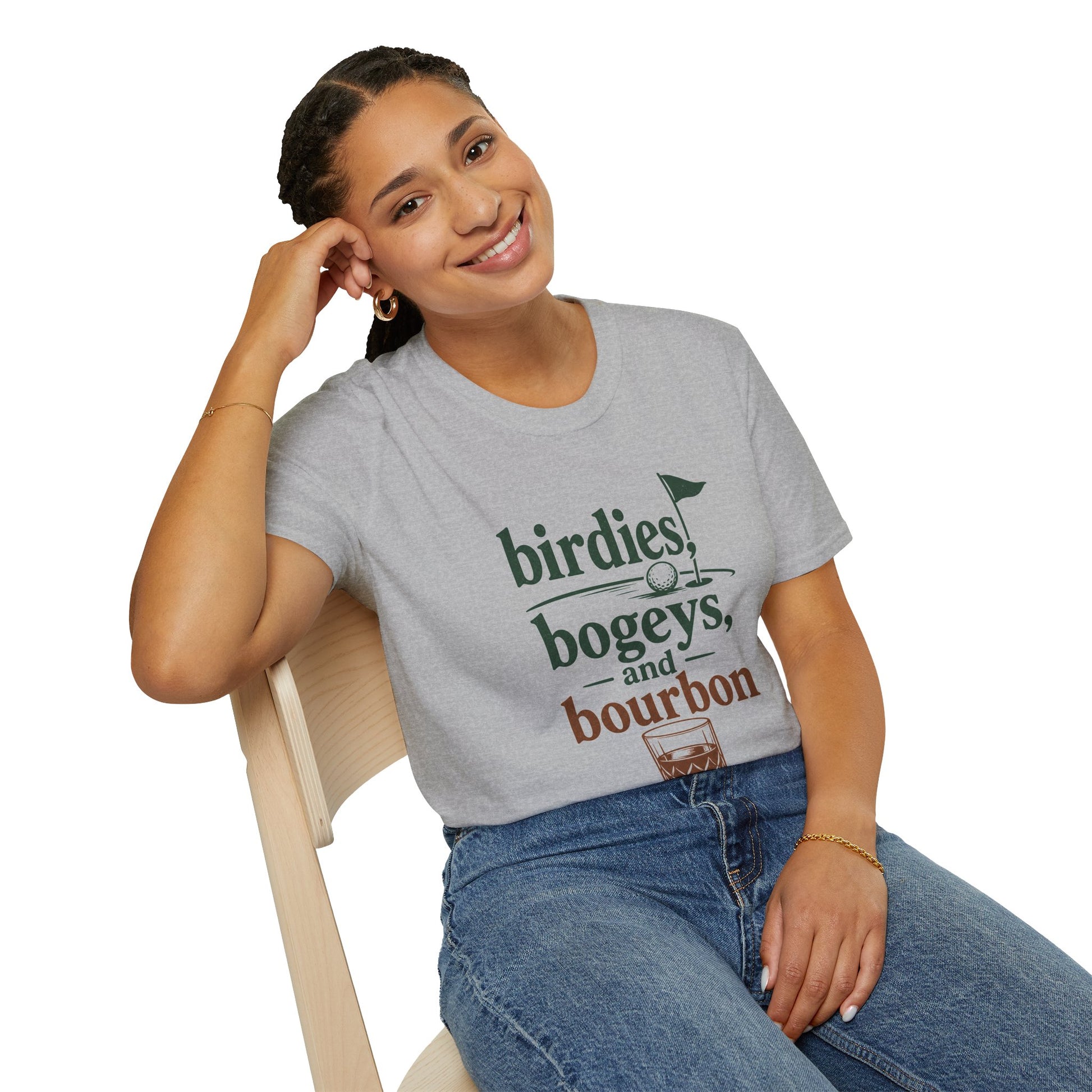 Birdies, Bogeys, and Bourbon Shirt, Sport Grey, worn by a model seated on a wooden chair