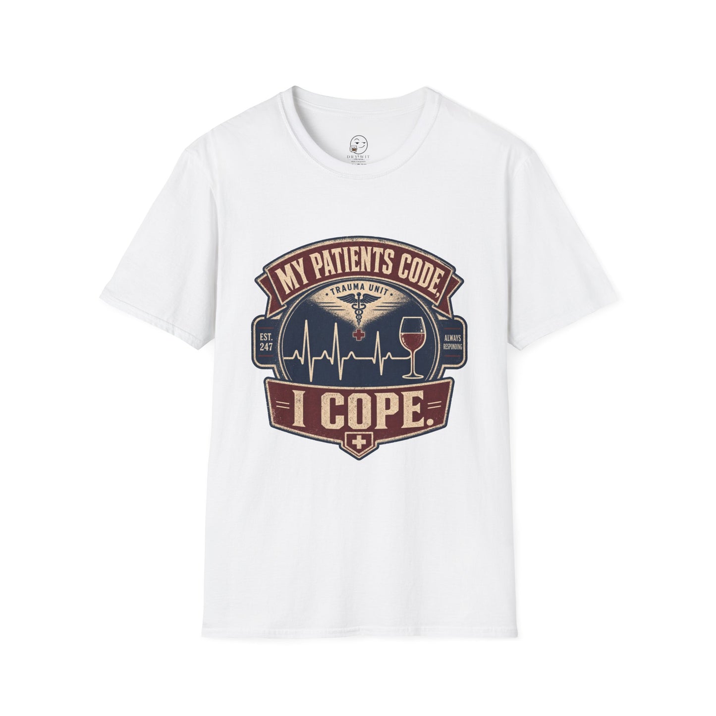 Vintage badge t-shirt graphic of an EKG heartbeat line transitioning into a wine glass shape with a small caduceus icon, text reading My Patients Code, I Cope