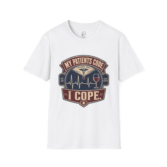 Vintage badge t-shirt graphic of an EKG heartbeat line transitioning into a wine glass shape with a small caduceus icon, text reading My Patients Code, I Cope