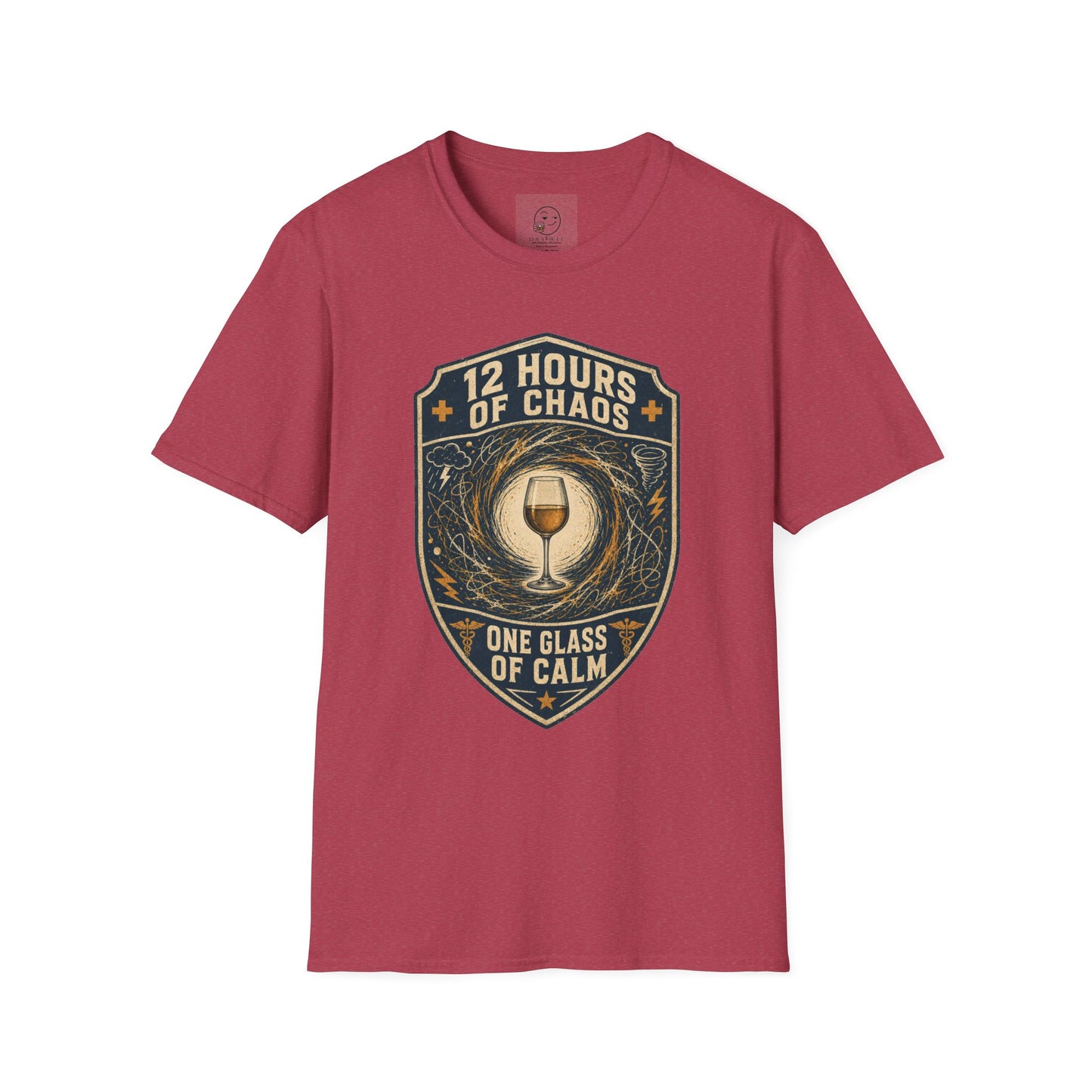 Shield-shaped vintage badge t-shirt graphic of a wine glass sitting calmly amid a swirling chaos symbol, text reading 12 Hours Of Chaos, One Glass Of Calm