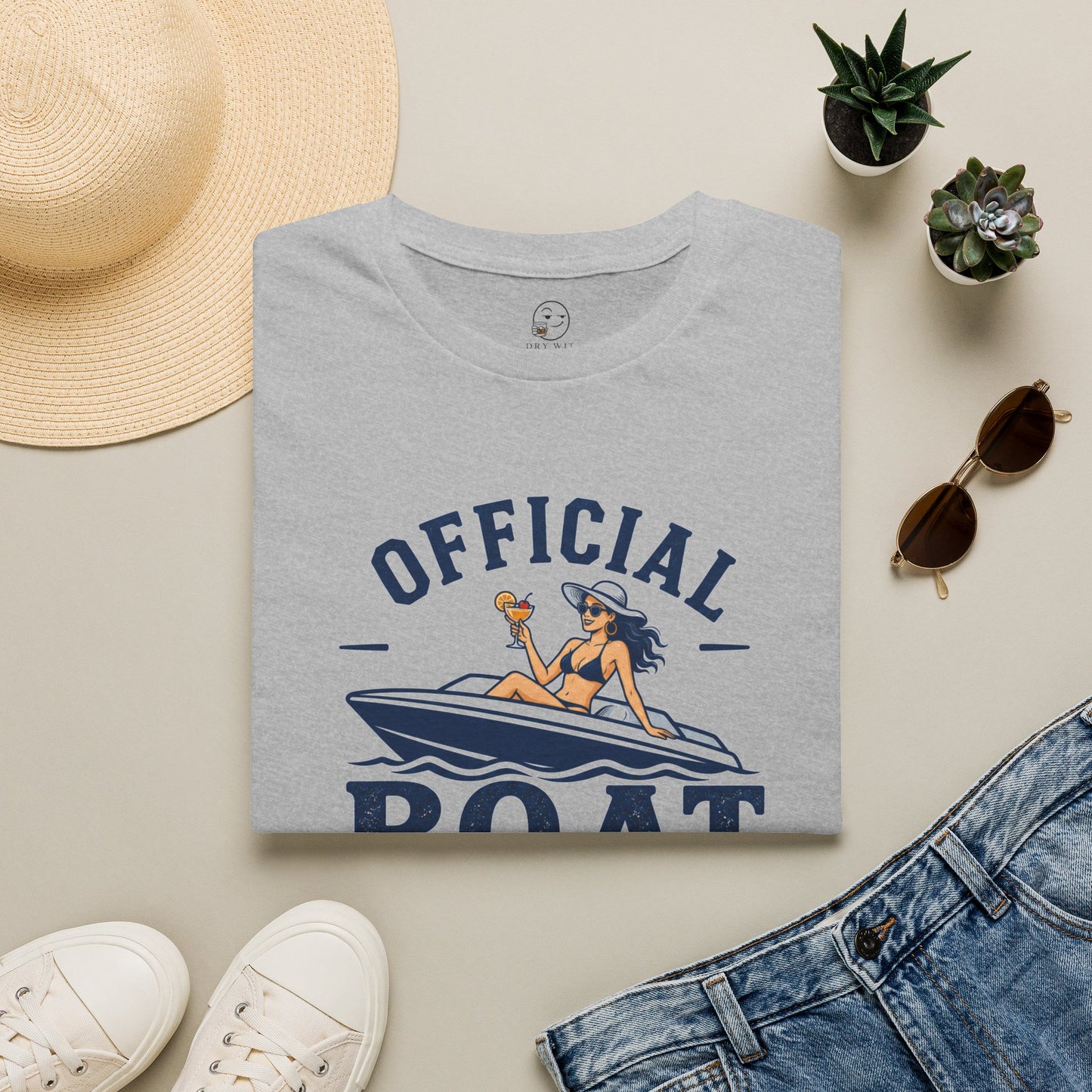 Official Boat Cocktail Drink Tester Shirt, Sport Grey, folded flat lay styled with a straw hat, sunglasses, sneakers and denim
