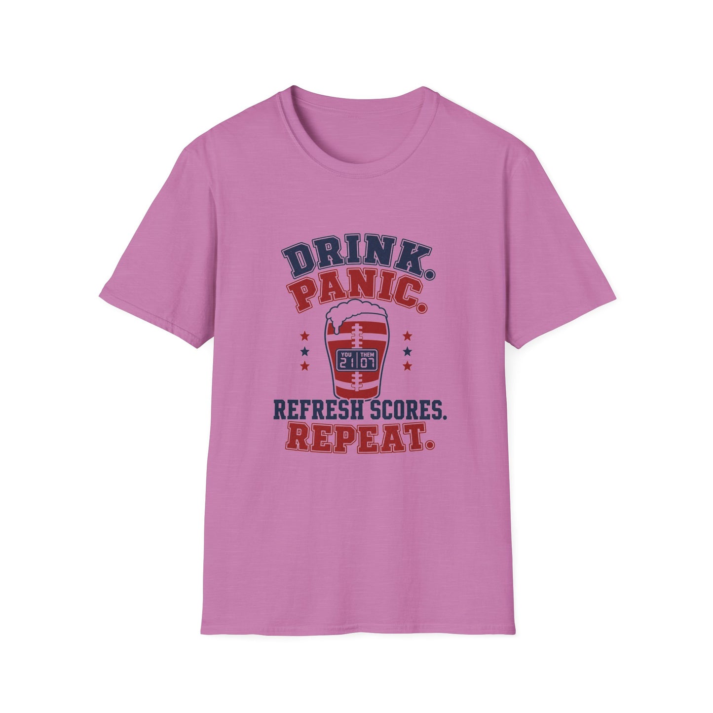 T-shirt design with navy and maroon text reading Drink Panic Refresh Scores Repeat, football-striped pint glass with a scoreboard graphic