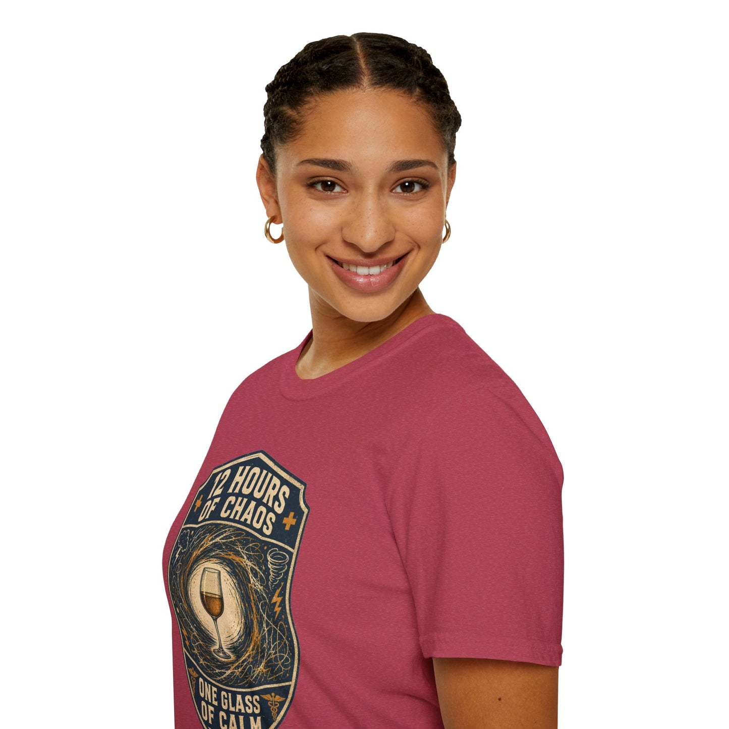 Shield-shaped vintage badge t-shirt graphic of a wine glass sitting calmly amid a swirling chaos symbol, text reading 12 Hours Of Chaos, One Glass Of Calm