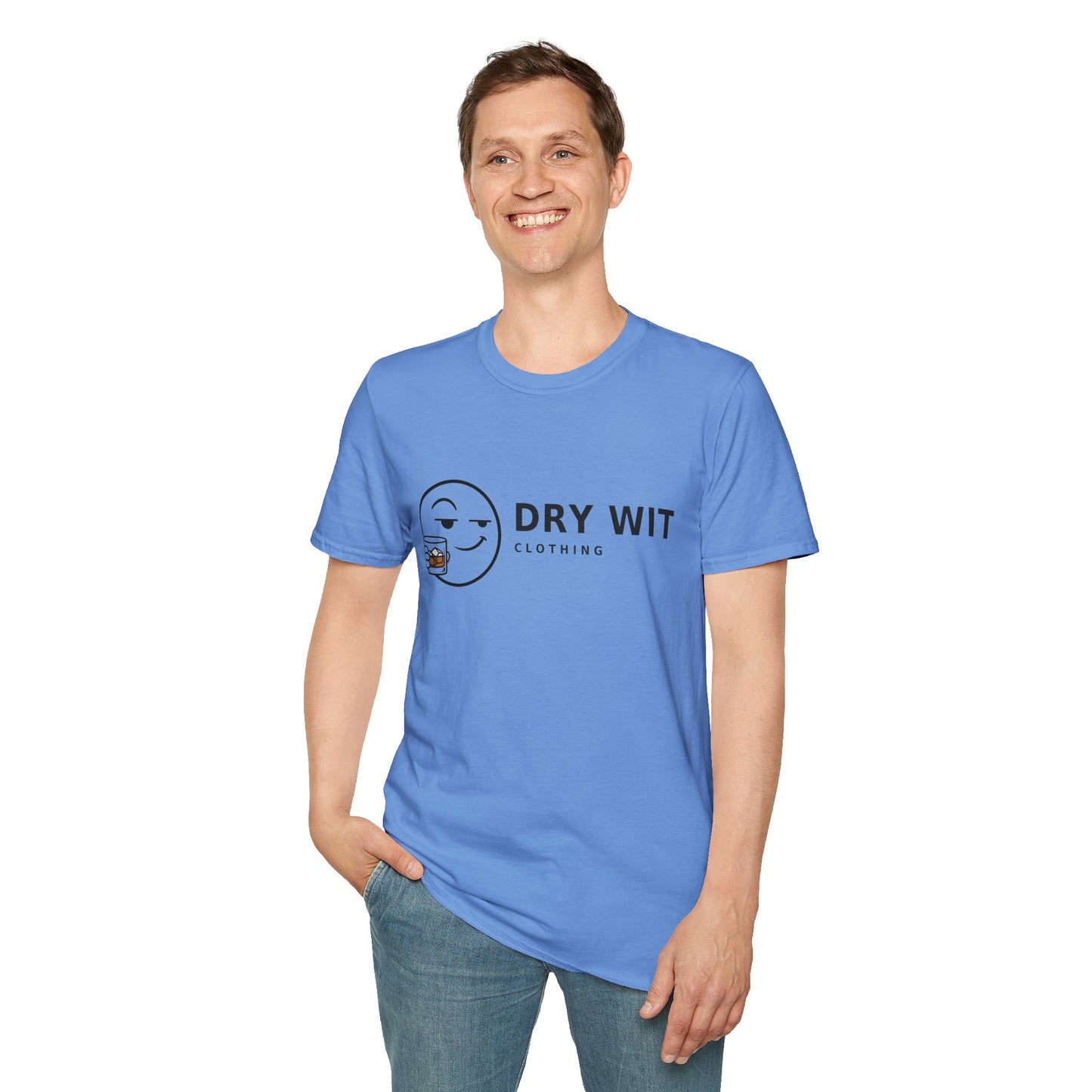 Dry Wit Logo Shirt, Carolina Blue, worn by a standing model with one hand in their pocket