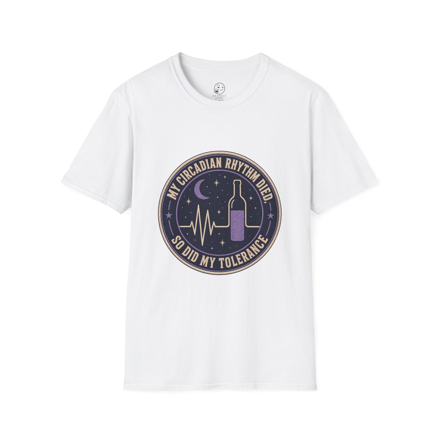 Circular vintage badge t-shirt graphic with a starry night sky background and a flatlined heartbeat line transitioning into a wine bottle silhouette, text reading My Circadian Rhythm Died, So Did My Tolerance