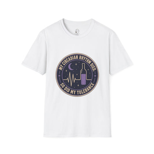 Circular vintage badge t-shirt graphic with a starry night sky background and a flatlined heartbeat line transitioning into a wine bottle silhouette, text reading My Circadian Rhythm Died, So Did My Tolerance