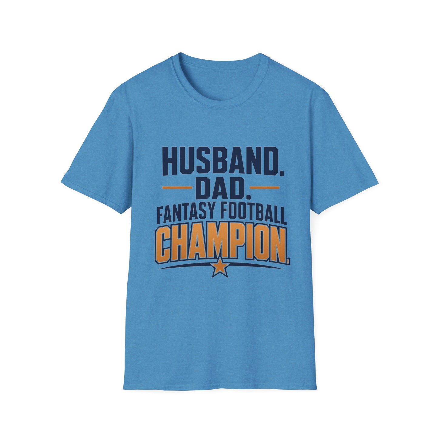 T-shirt design with navy and amber text reading Husband Dad Fantasy Football Champion, gold star accent