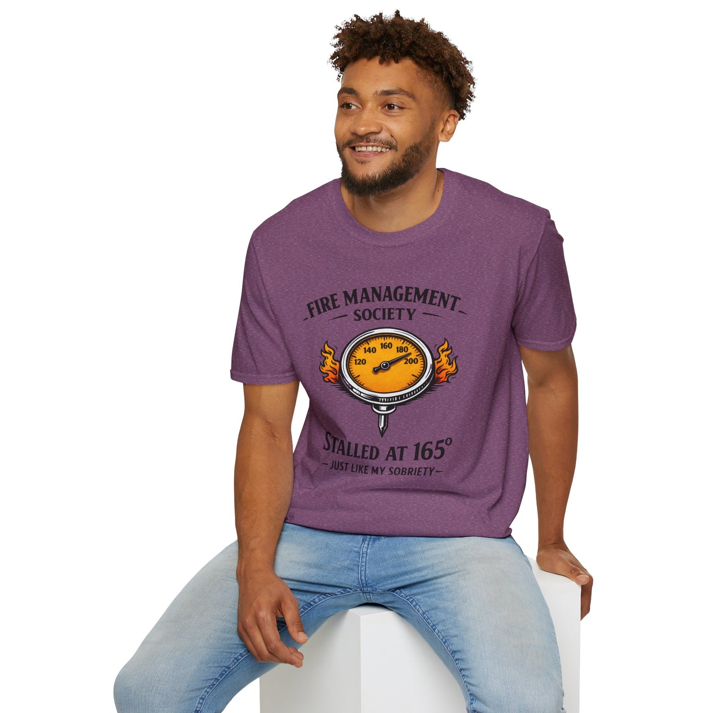 Fire Management Society Shirt, Heather Maroon plum, worn by a model seated on a white block