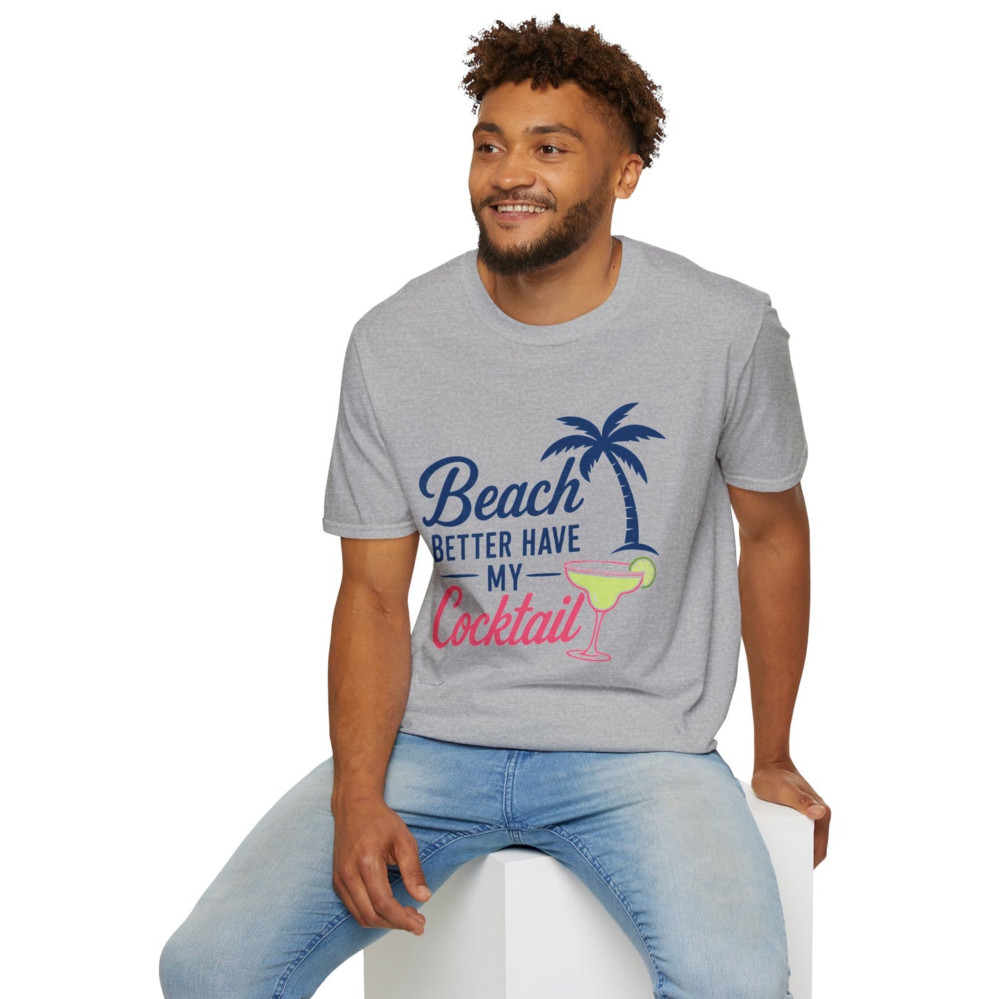 Beach Better Have My Cocktail Shirt, Sport Grey, worn by a model seated on a white block