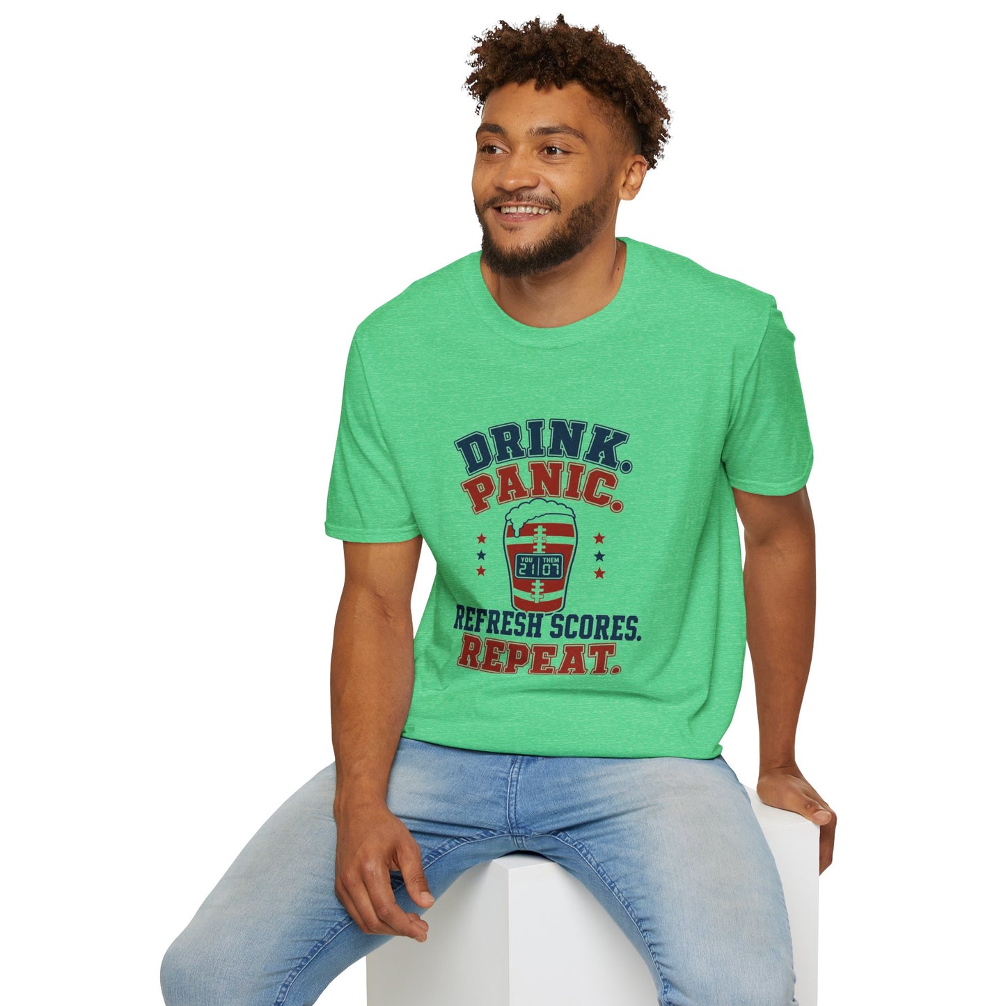 T-shirt design with navy and maroon text reading Drink Panic Refresh Scores Repeat, football-striped pint glass with a scoreboard graphic