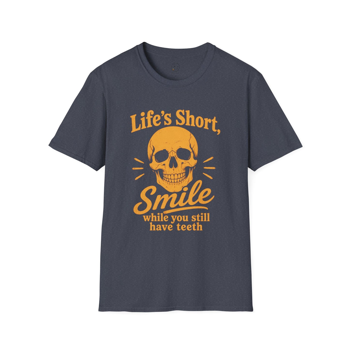 Life's Short, Smile While You Have Teeth Shirt, Heather Navy, front flat lay