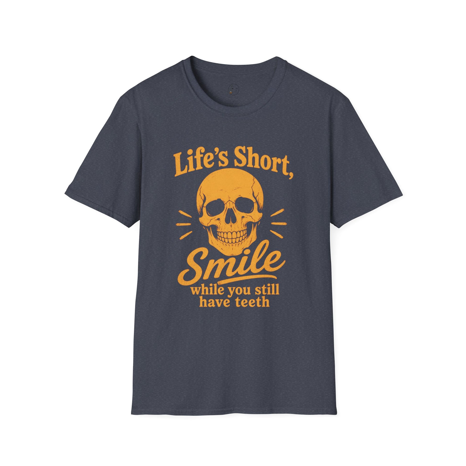 Life's Short, Smile While You Have Teeth Shirt, Heather Navy, front flat lay