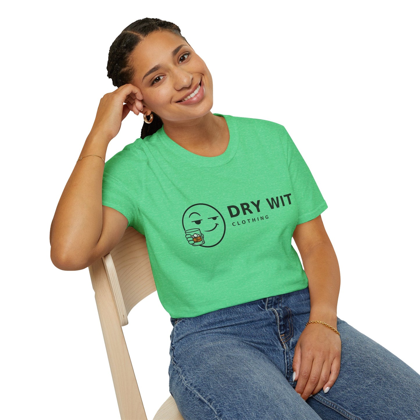 Dry Wit Logo Shirt, Heather Irish Green mint, worn by a model seated on a wooden chair