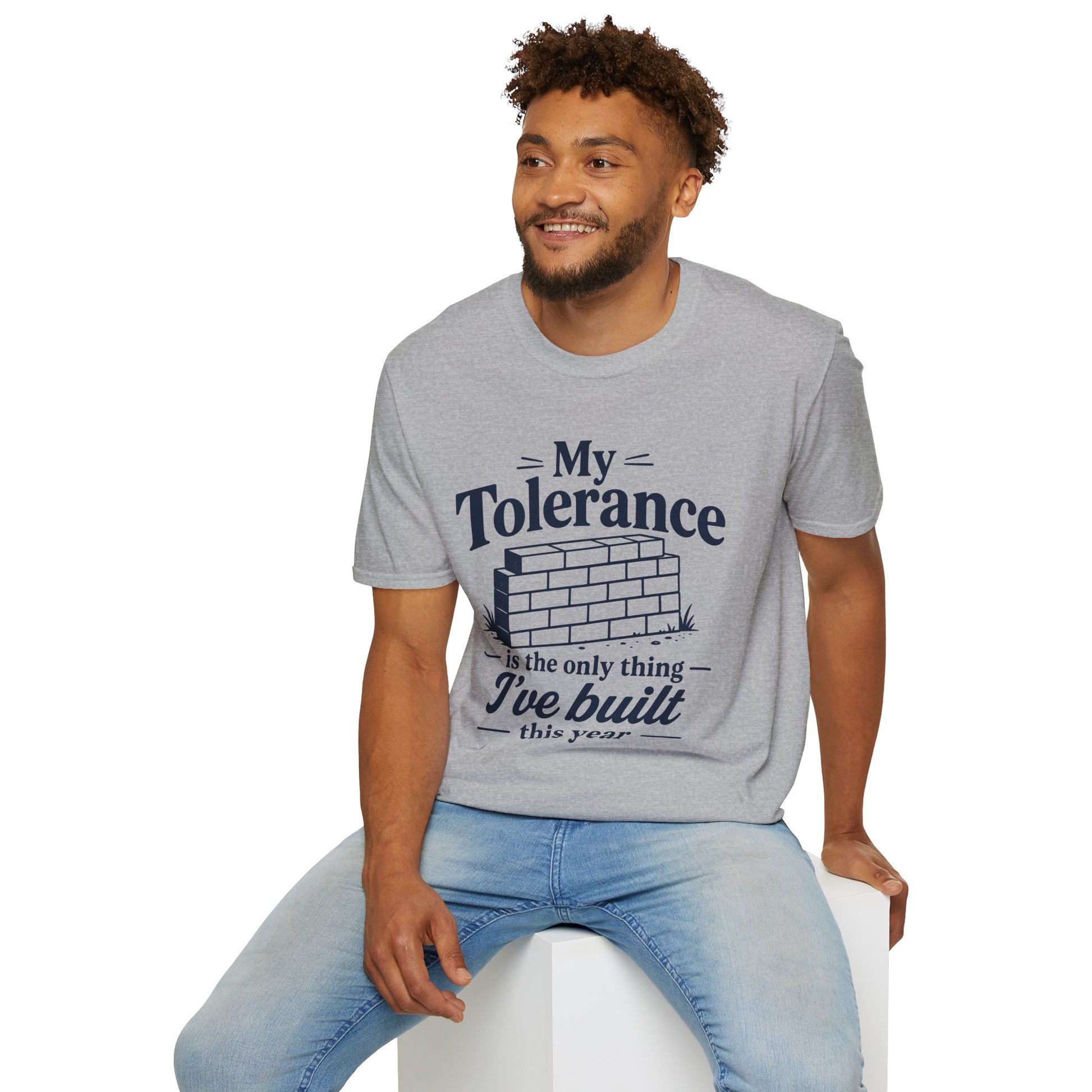 My Tolerance Is the Only Thing I've Built, Sport Grey, worn by a model seated on a white block