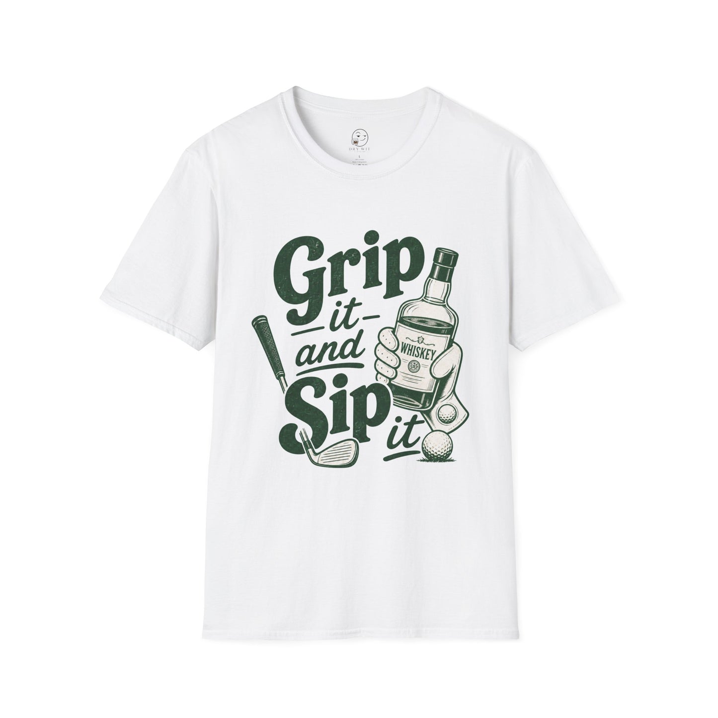 Grip It and Sip It funny golf whiskey shirt, White, front flat lay