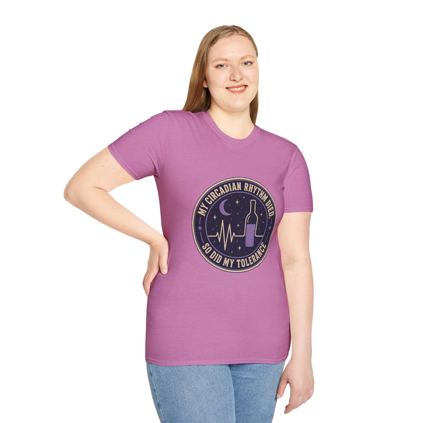 Circular vintage badge t-shirt graphic with a starry night sky background and a flatlined heartbeat line transitioning into a wine bottle silhouette, text reading My Circadian Rhythm Died, So Did My Tolerance