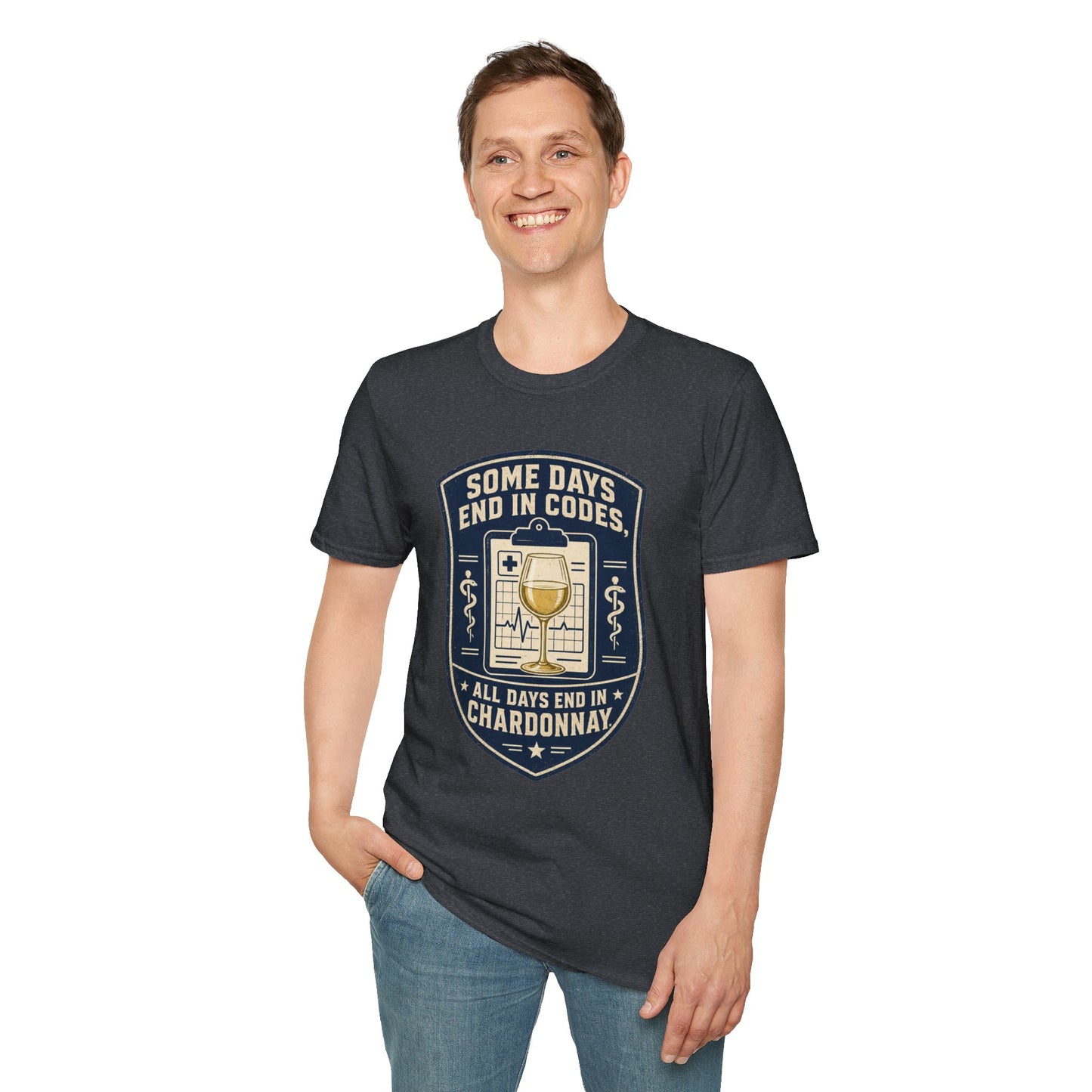 Shield-shaped vintage badge t-shirt graphic of a clipboard with a wine glass resting on top, text reading Some Days End In Codes, All Days End In Chardonnay