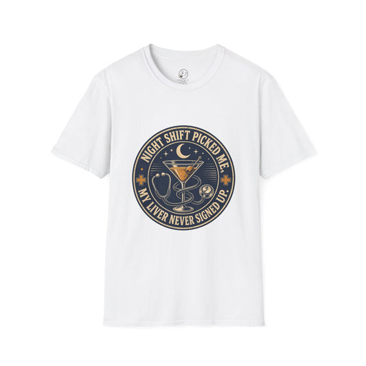 Circular vintage badge t-shirt graphic with a crescent moon and stars, a stethoscope wrapped around a martini glass, text reading Night Shift Picked Me, My Liver Never Signed Up
