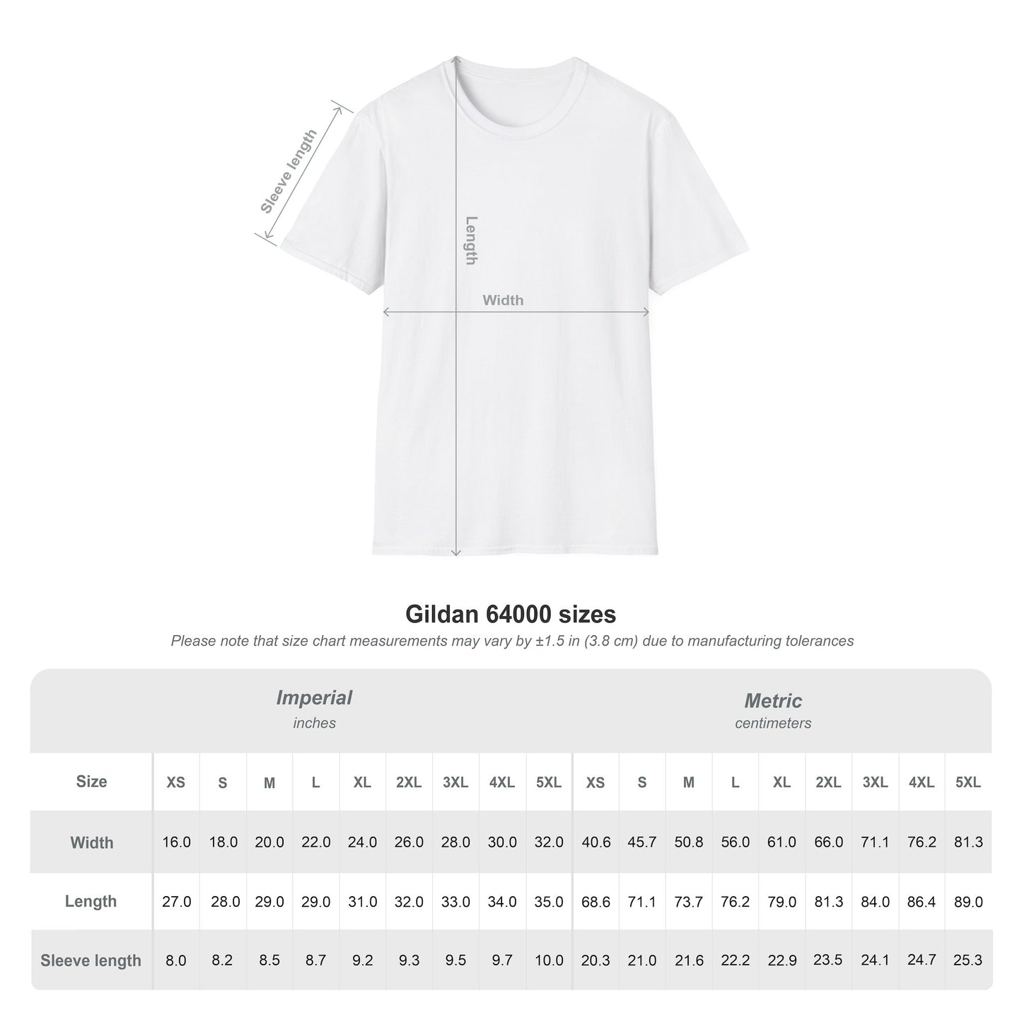 Gildan 64000 unisex t-shirt size chart for the Backyard Brisket Co. Shirt, listing width, length and sleeve length in inches and centimeters for sizes XS through 5XL