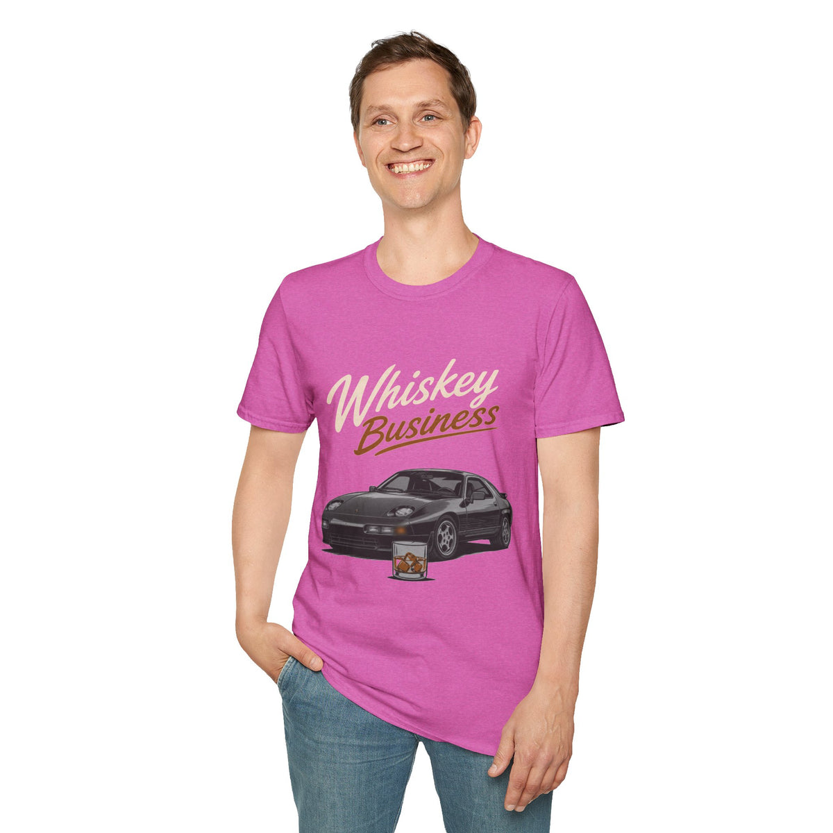 Whiskey Business Shirt, Heather Berry pink, worn by a standing model with one hand in their pocket