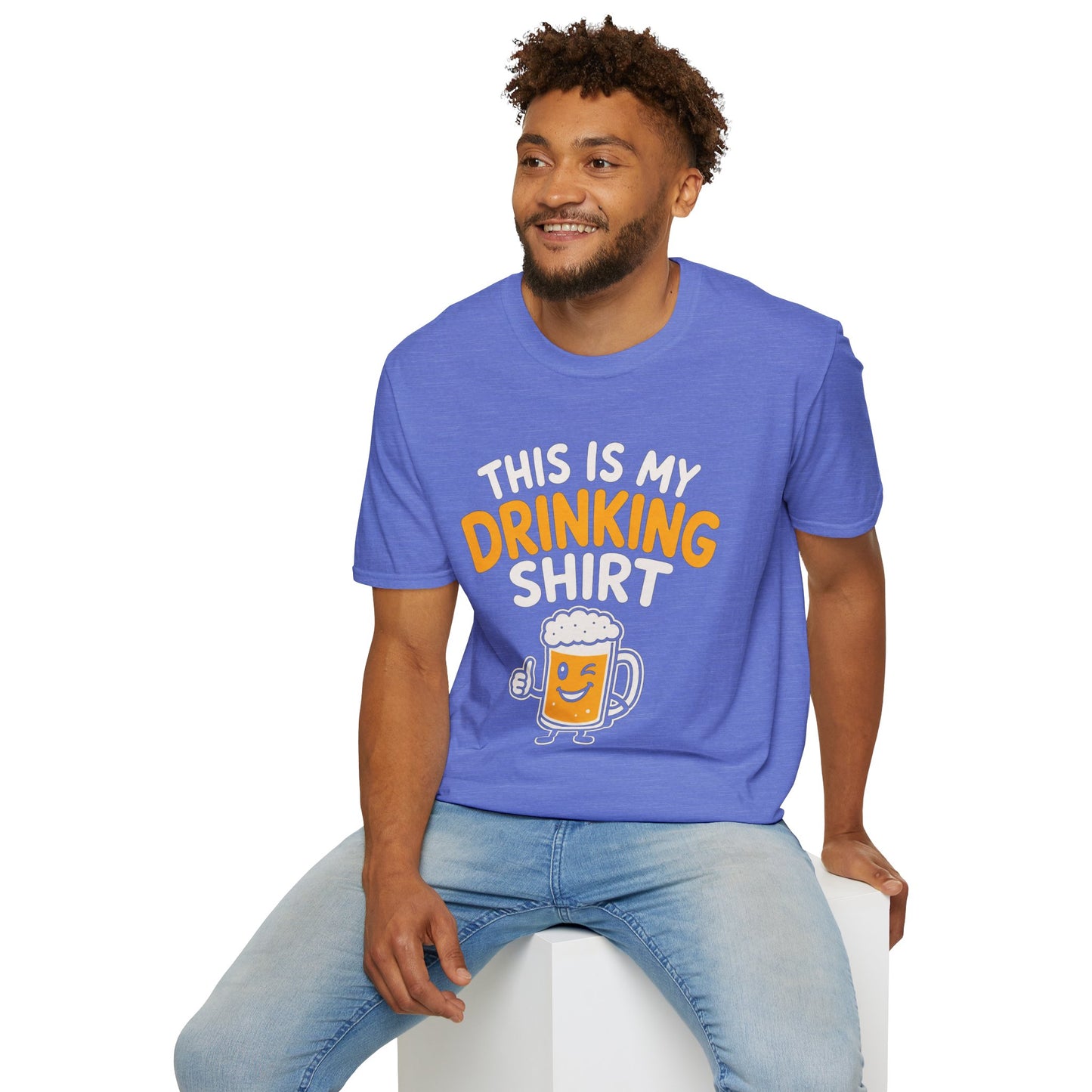 This Is My Drinking Shirt, Heather Royal blue, worn by a model seated on a white block