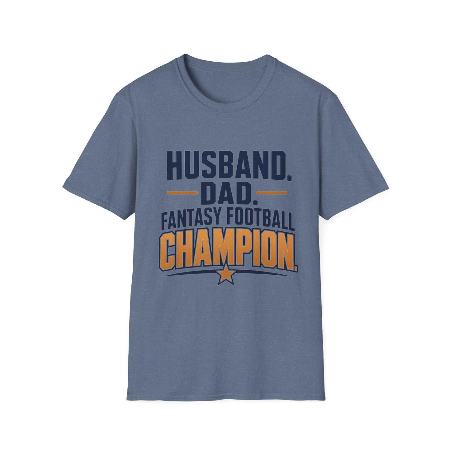 T-shirt design with navy and amber text reading Husband Dad Fantasy Football Champion, gold star accent