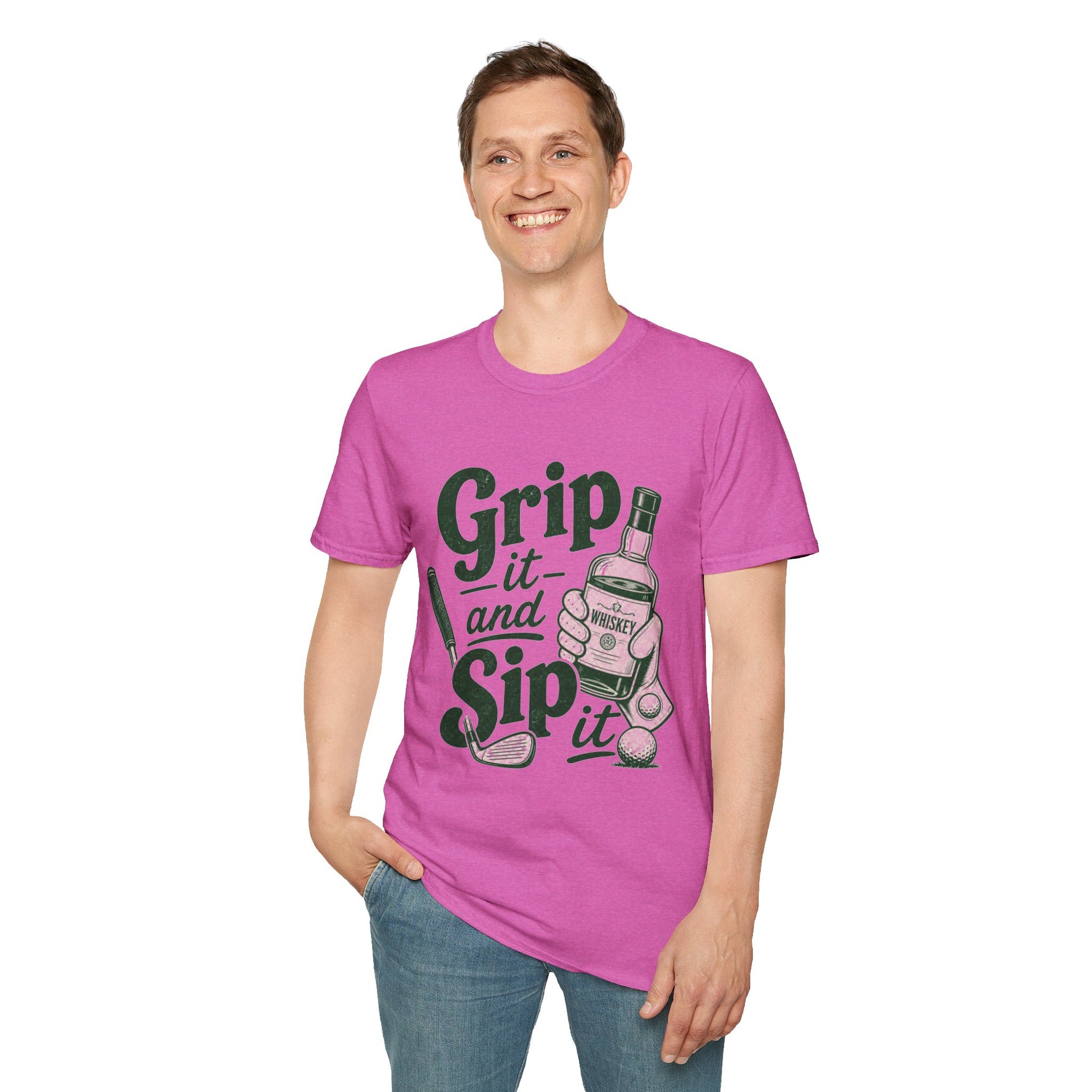 Grip It and Sip It funny golf whiskey shirt, Heather Berry pink, worn by a standing model