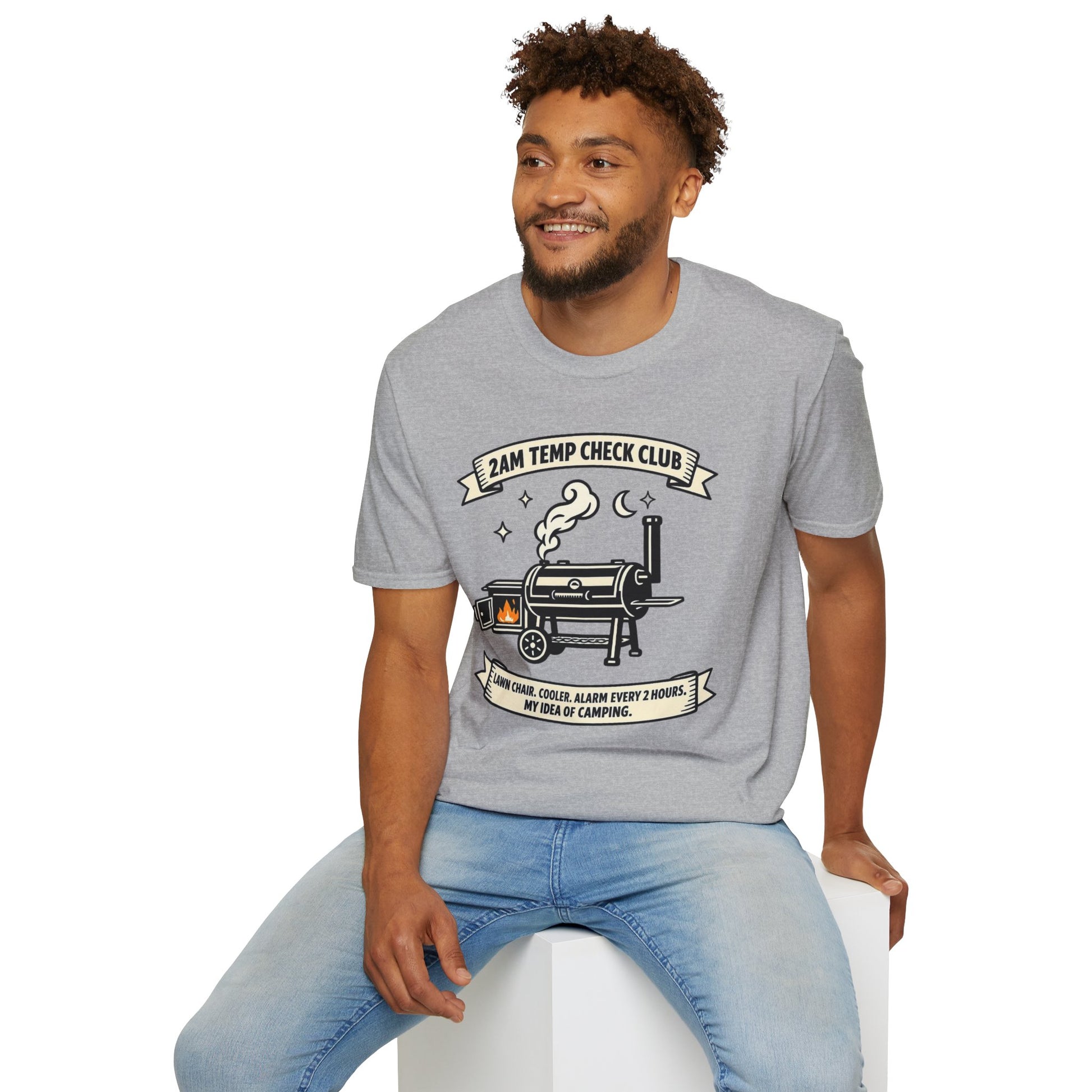 2AM Temp Check Club Shirt, Sport Grey, worn by a model seated on a white block