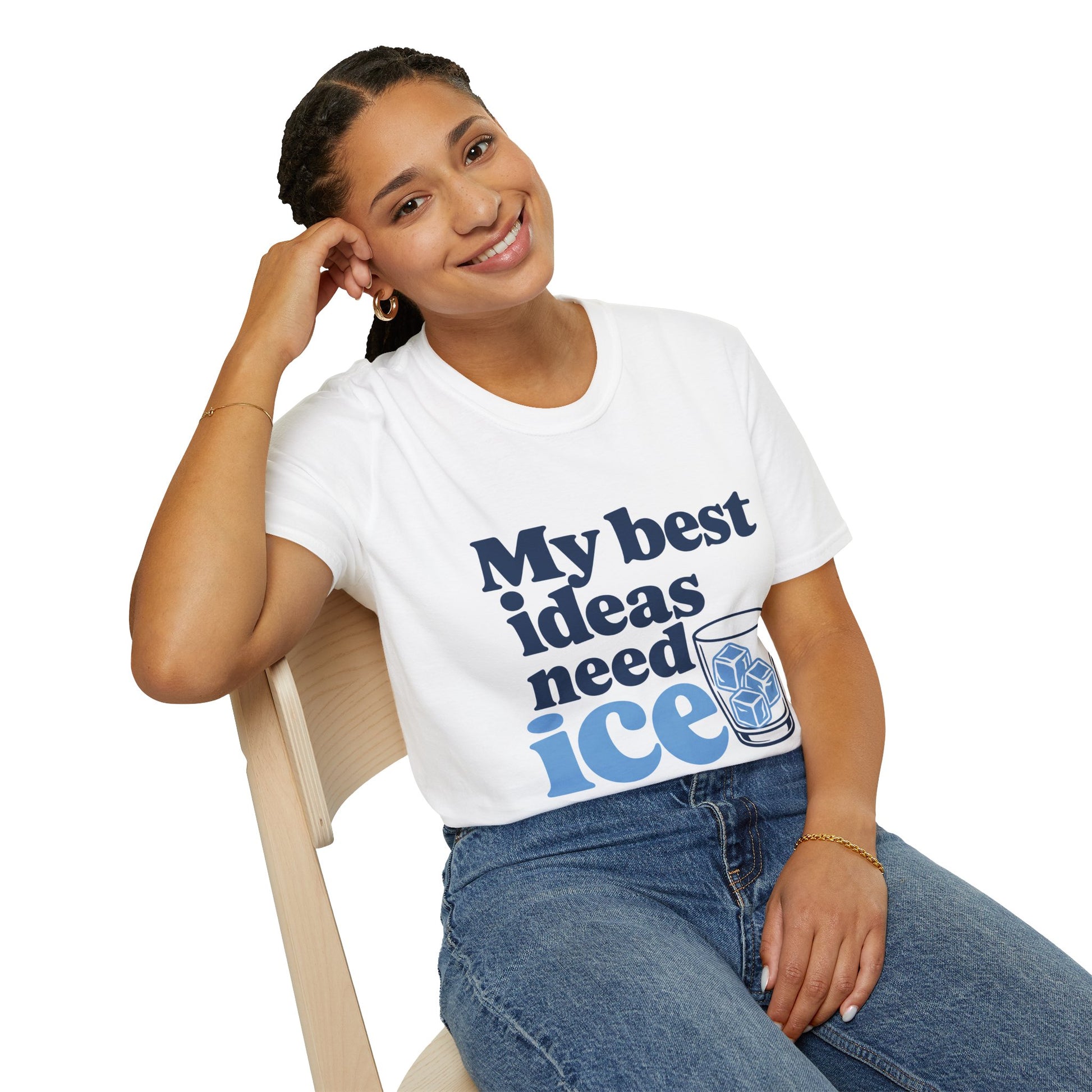 My Best Ideas Need Ice Shirt, White, worn by a model seated on a wooden chair