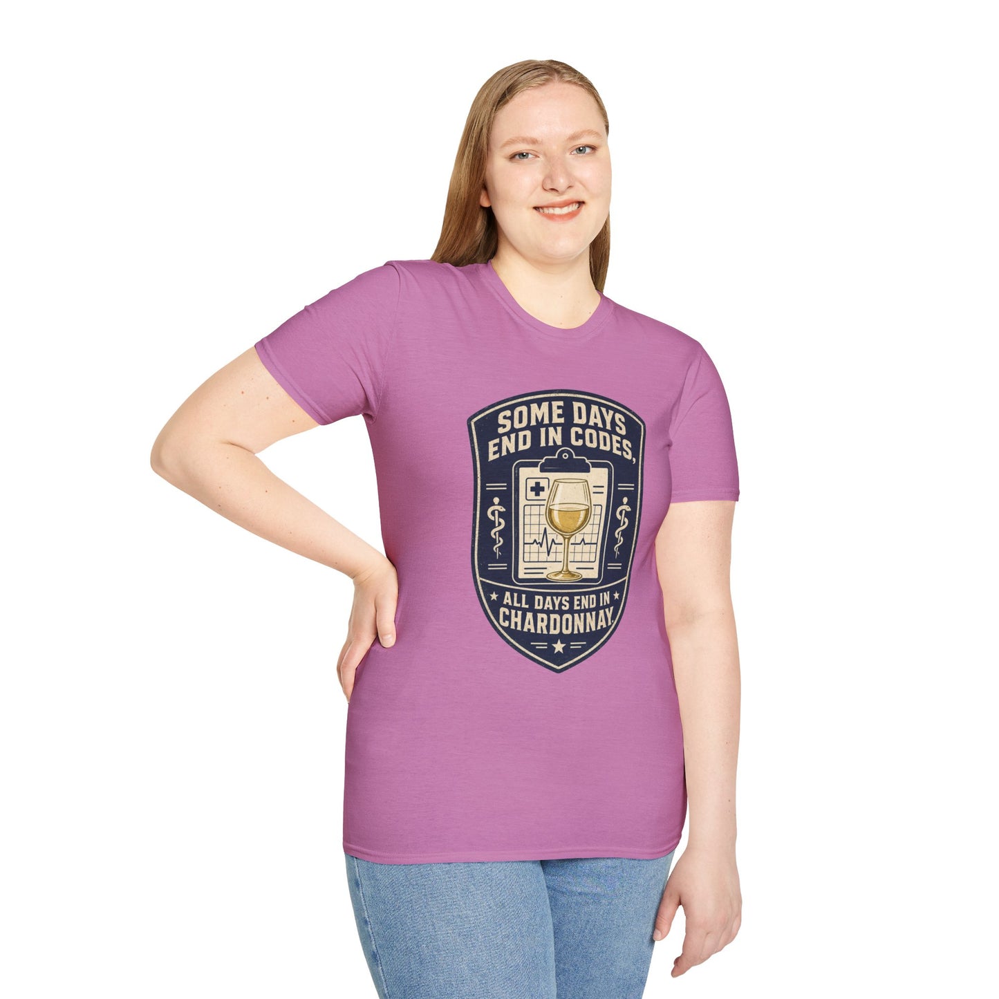 Shield-shaped vintage badge t-shirt graphic of a clipboard with a wine glass resting on top, text reading Some Days End In Codes, All Days End In Chardonnay
