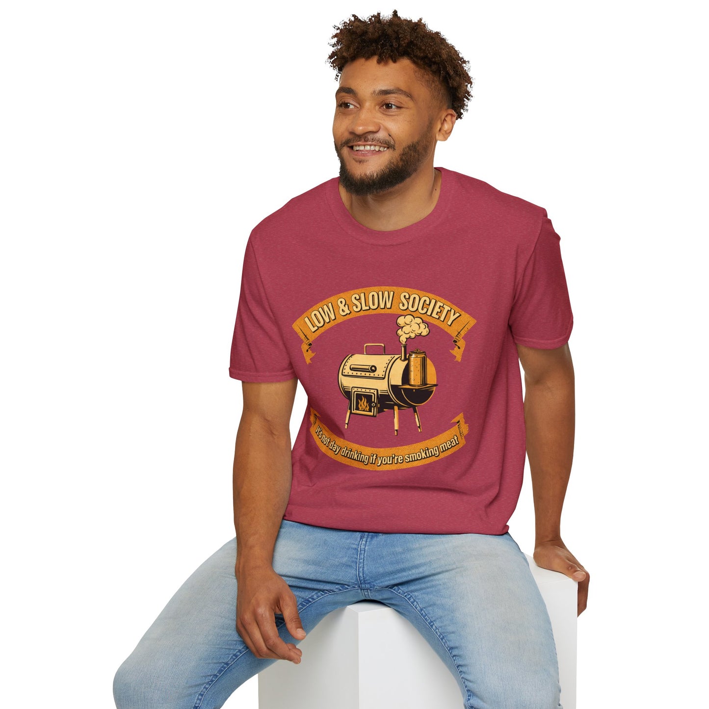 Low & Slow Society Shirt, Heather Cardinal red, worn by a model seated on a white block