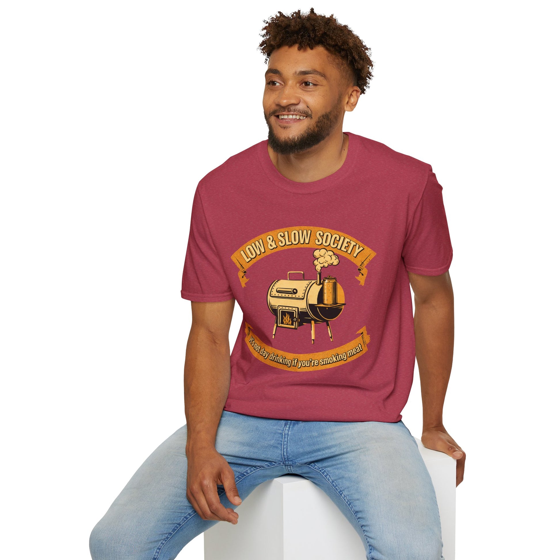Low & Slow Society Shirt, Heather Cardinal red, worn by a model seated on a white block