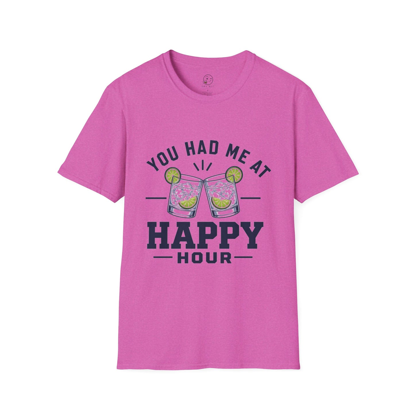 You Had Me At Happy Hour Shirt, Heather Berry pink, front flat lay