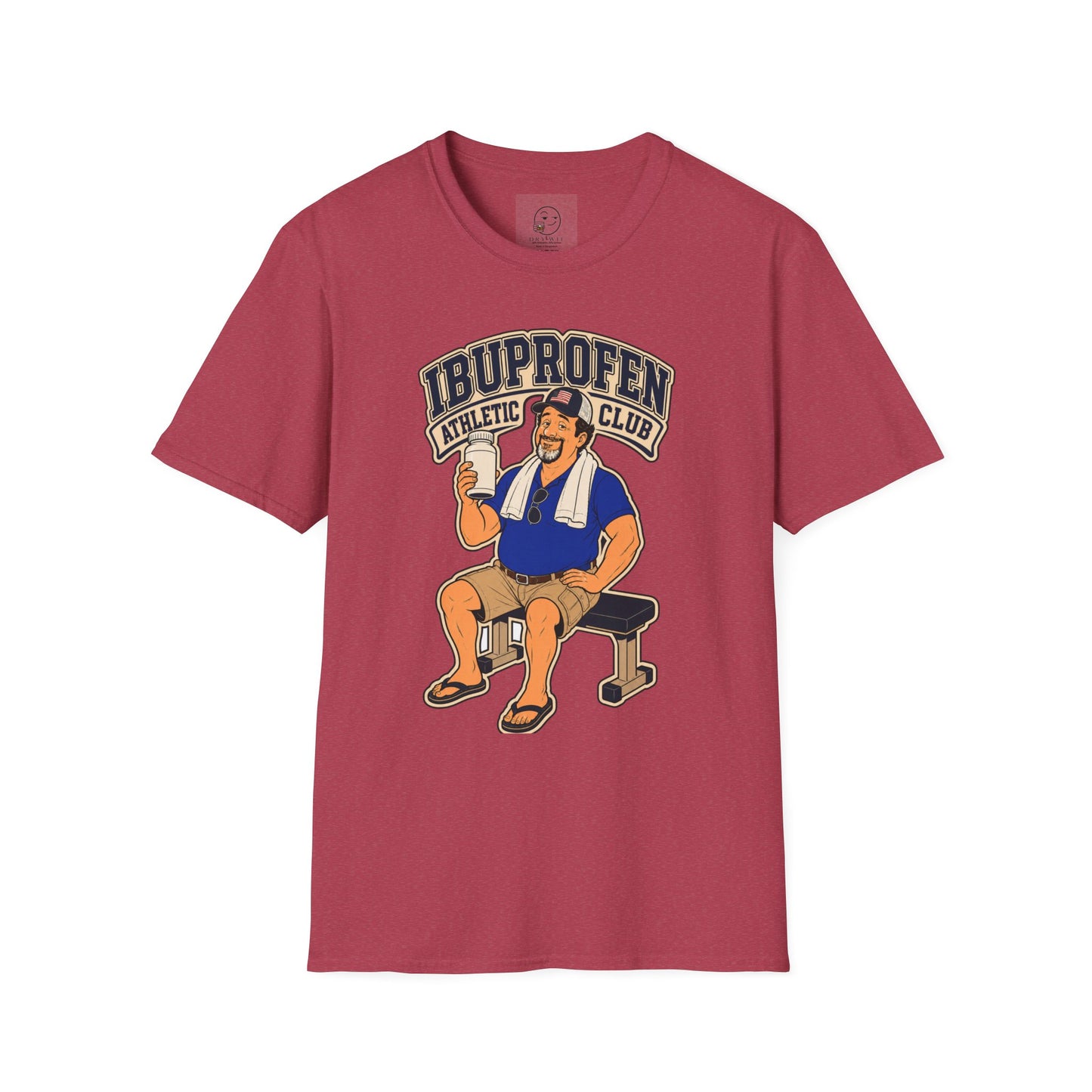 Retro collegiate-style t-shirt graphic of the Dry Wit dad mascot in workout gear, text reading Ibuprofen Athletic Club