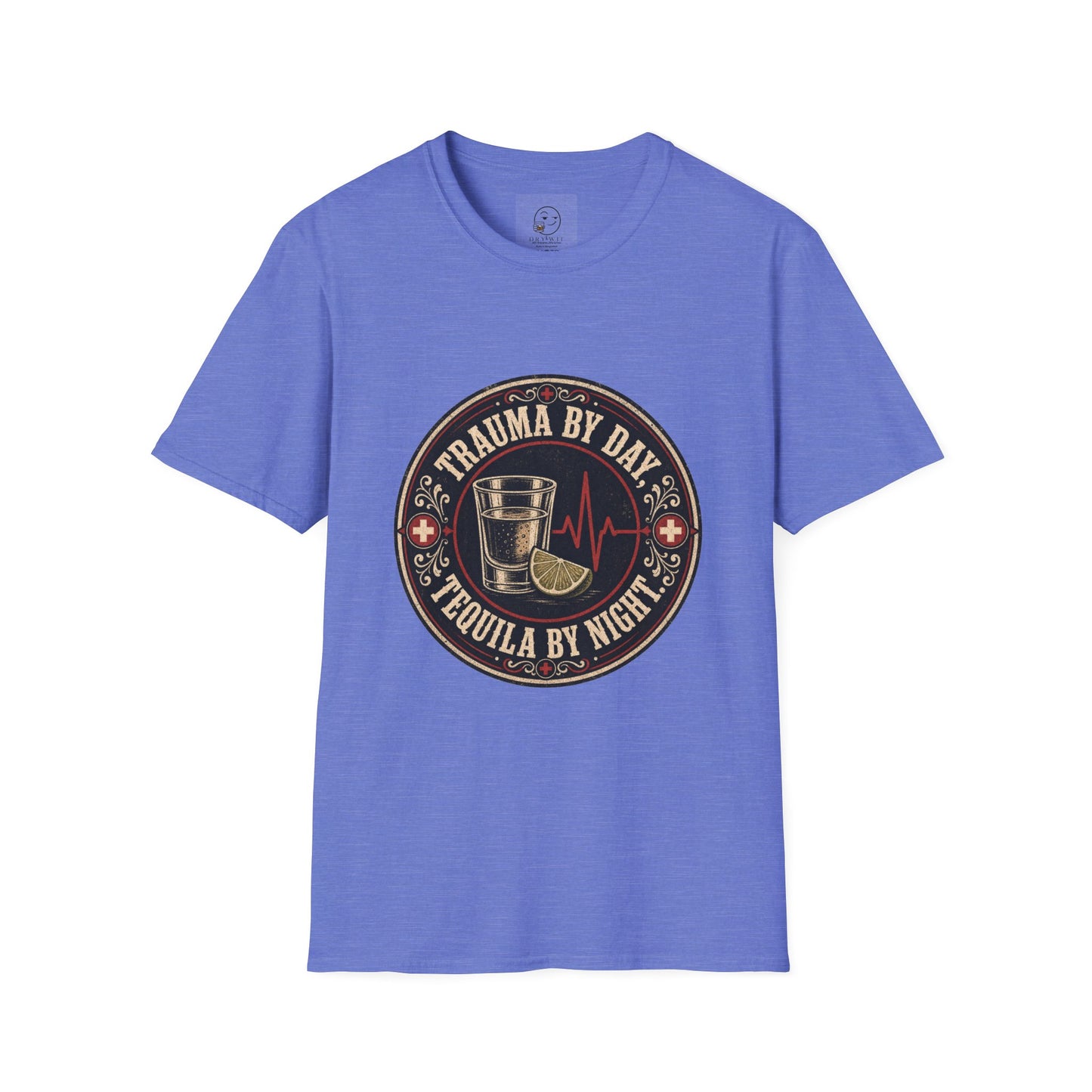 Circular vintage badge t-shirt graphic with a red cross border detail, a shot glass and lime wedge beside a heartbeat line, text reading Trauma By Day, Tequila By Night