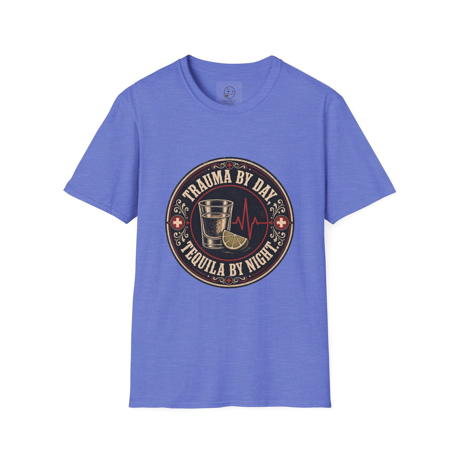 Circular vintage badge t-shirt graphic with a red cross border detail, a shot glass and lime wedge beside a heartbeat line, text reading Trauma By Day, Tequila By Night