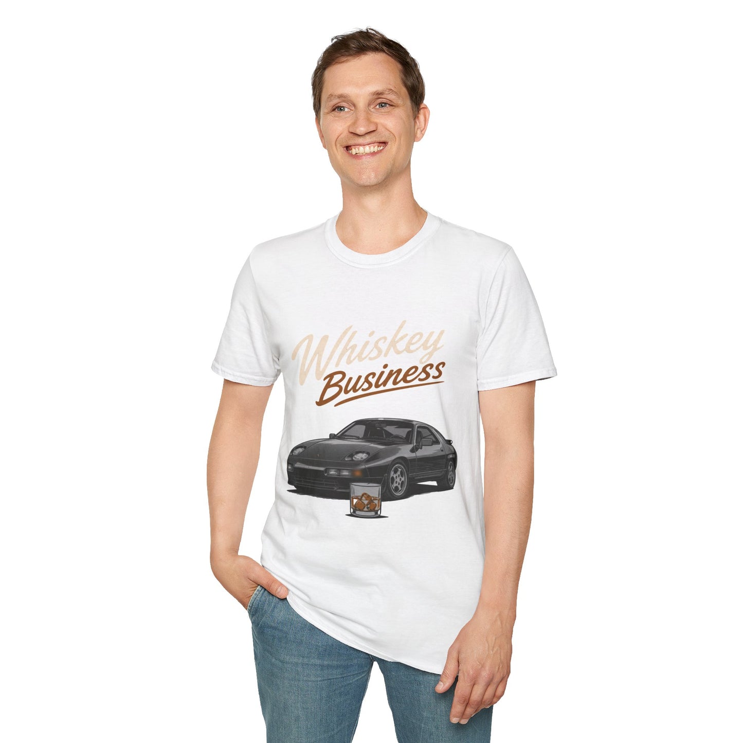 Whiskey Business Shirt, White, worn by a standing model with one hand in their pocket